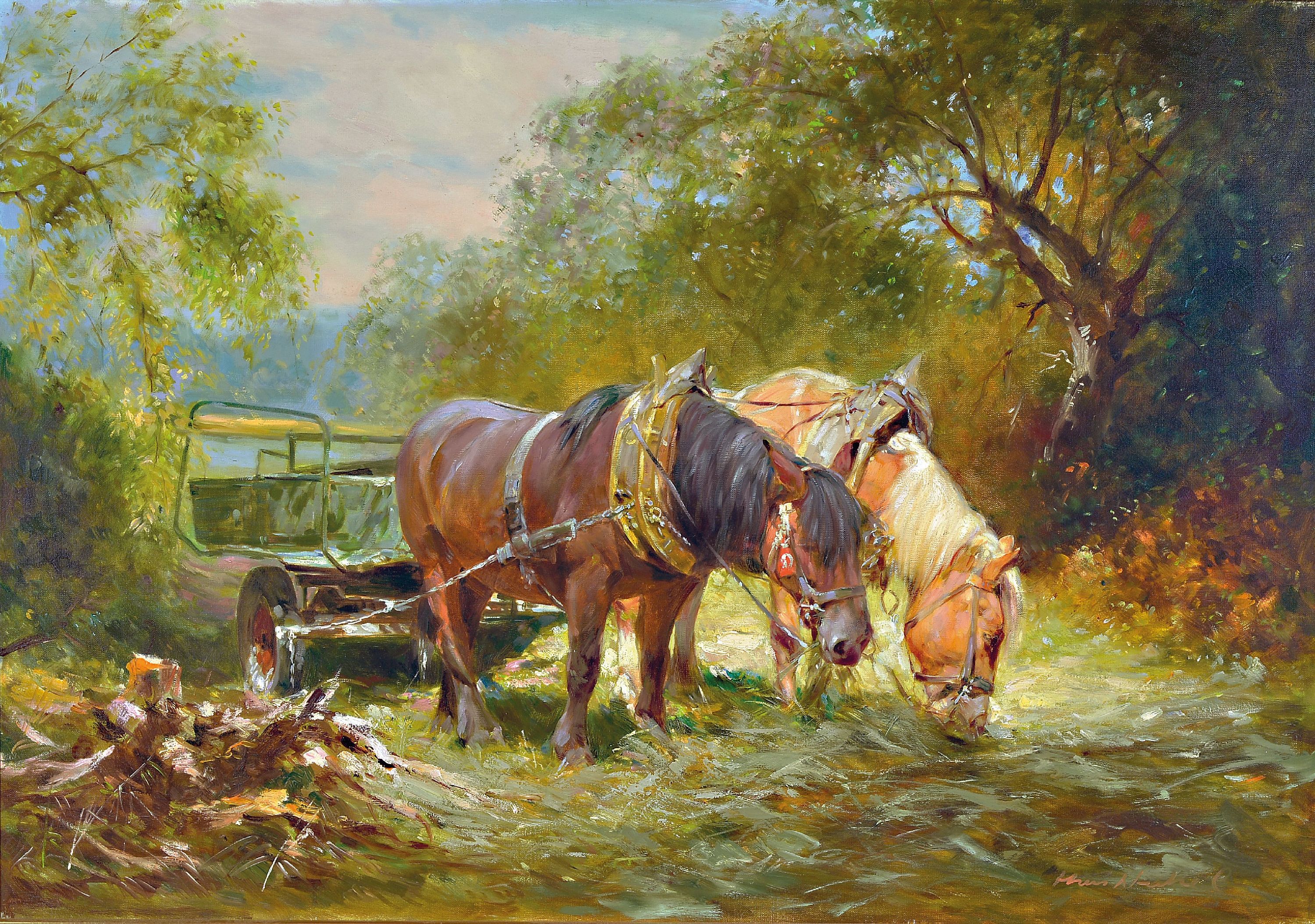 Image 27002201 - Hans Hachel ?, 20. Jh., , Zweispänner bei der Rast, Öl/Lwd, unleserlich signiert, ca 70 ...