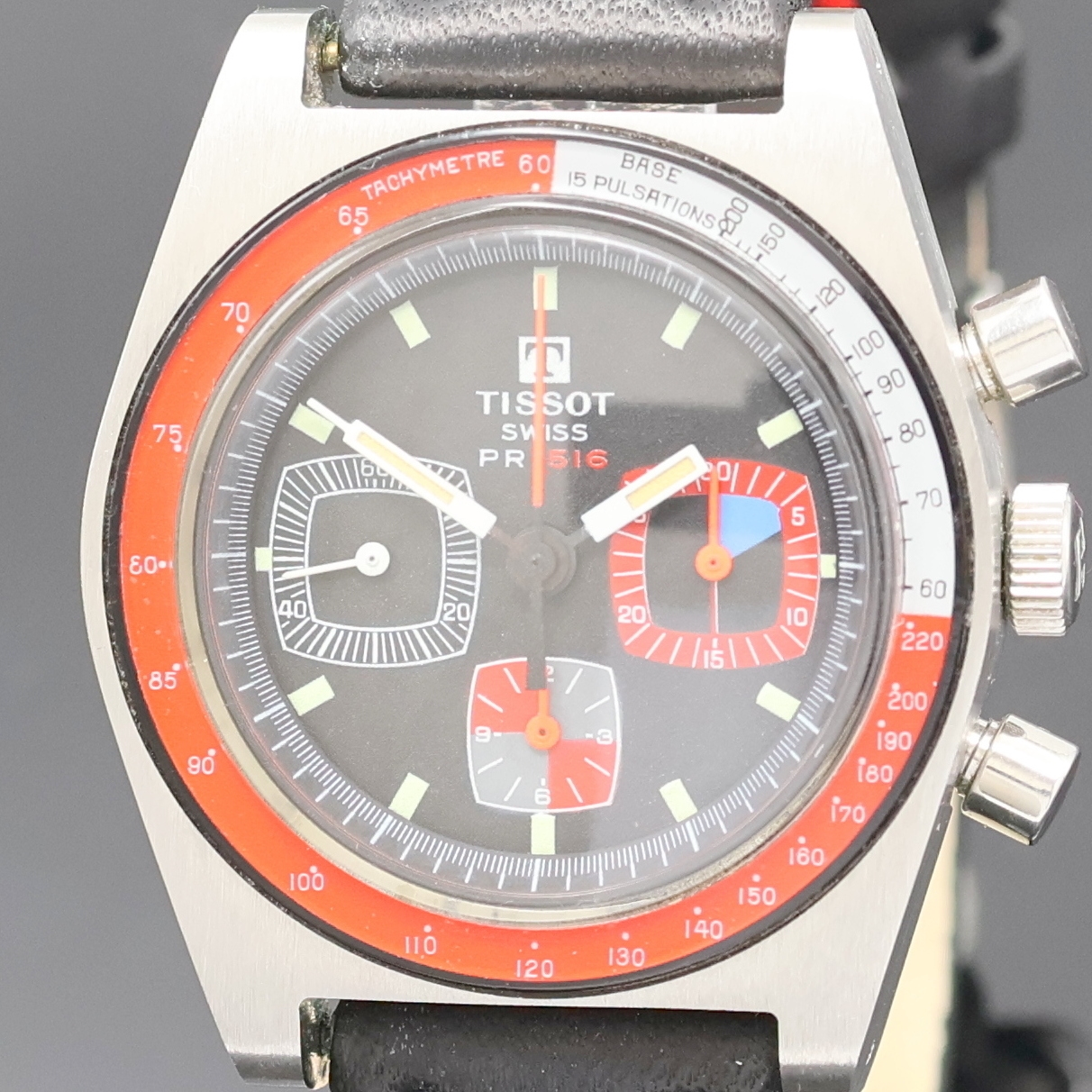 Detail a: TISSOT Armbandchronograph PR 516 Referenz 40528-1X, Schweiz um 1970, Handaufzug, Edelstahlgeh., Boden verschr., Tachymeter- Lünette, schwarzes ...