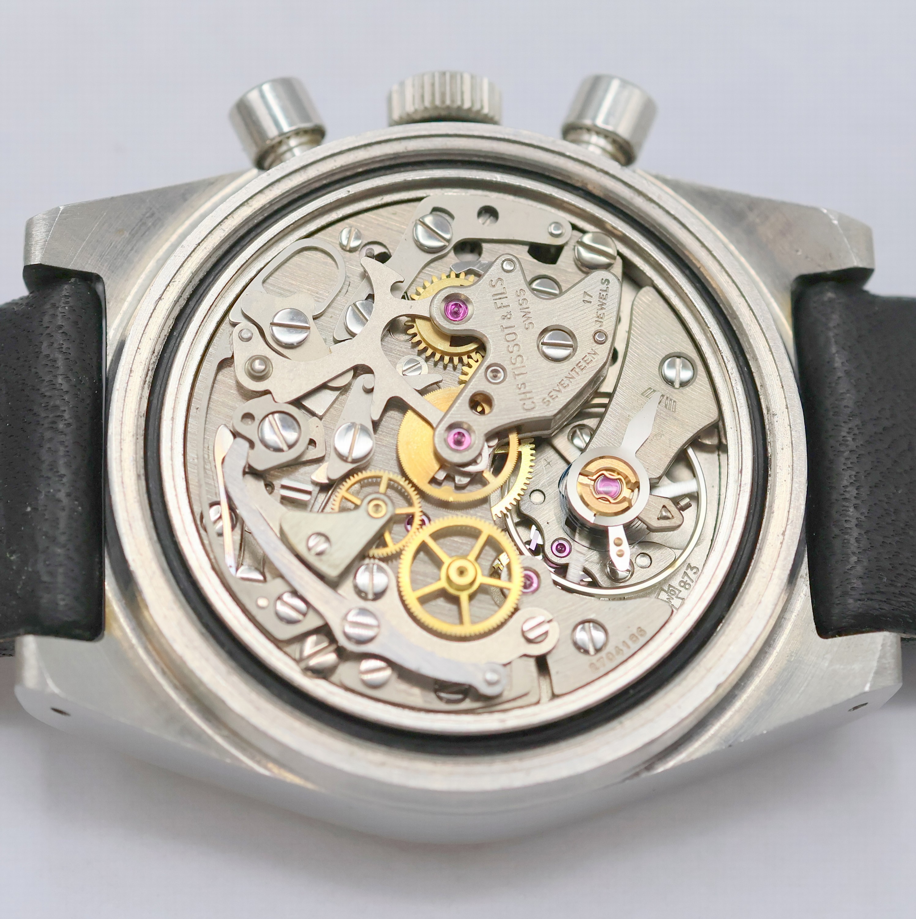 Detail f: TISSOT Armbandchronograph PR 516 Referenz 40528-1X, Schweiz um 1970, Handaufzug, Edelstahlgeh., Boden verschr., Tachymeter- Lünette, schwarzes ...