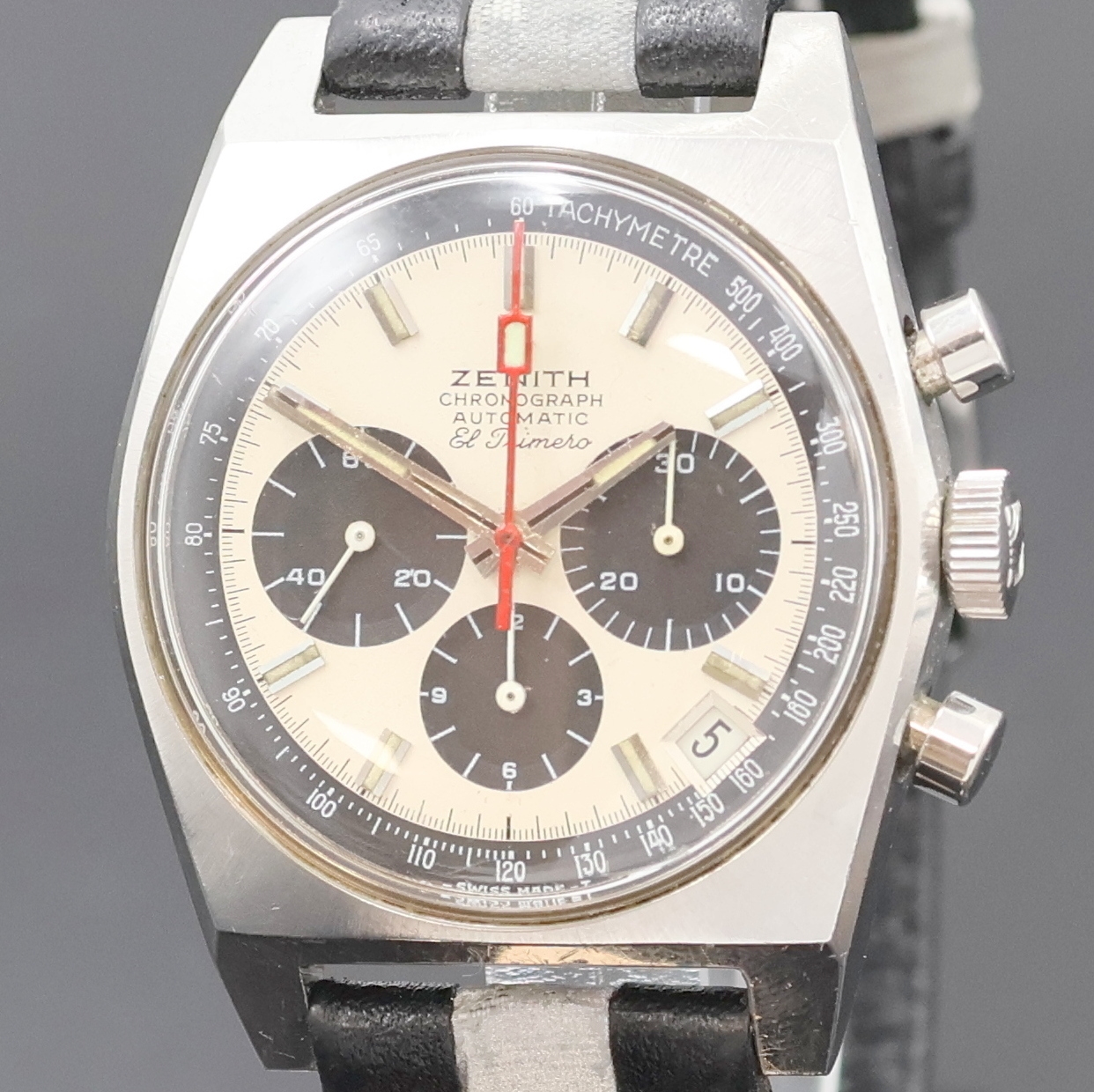 Detail a: ZENITH El Primero Armbandchronograph in Stahl, Schweiz um 1970, Automatik, Boden verschr., silb. Zifferbl. m. aufges. silb. Tritium-Ind., silb. ...