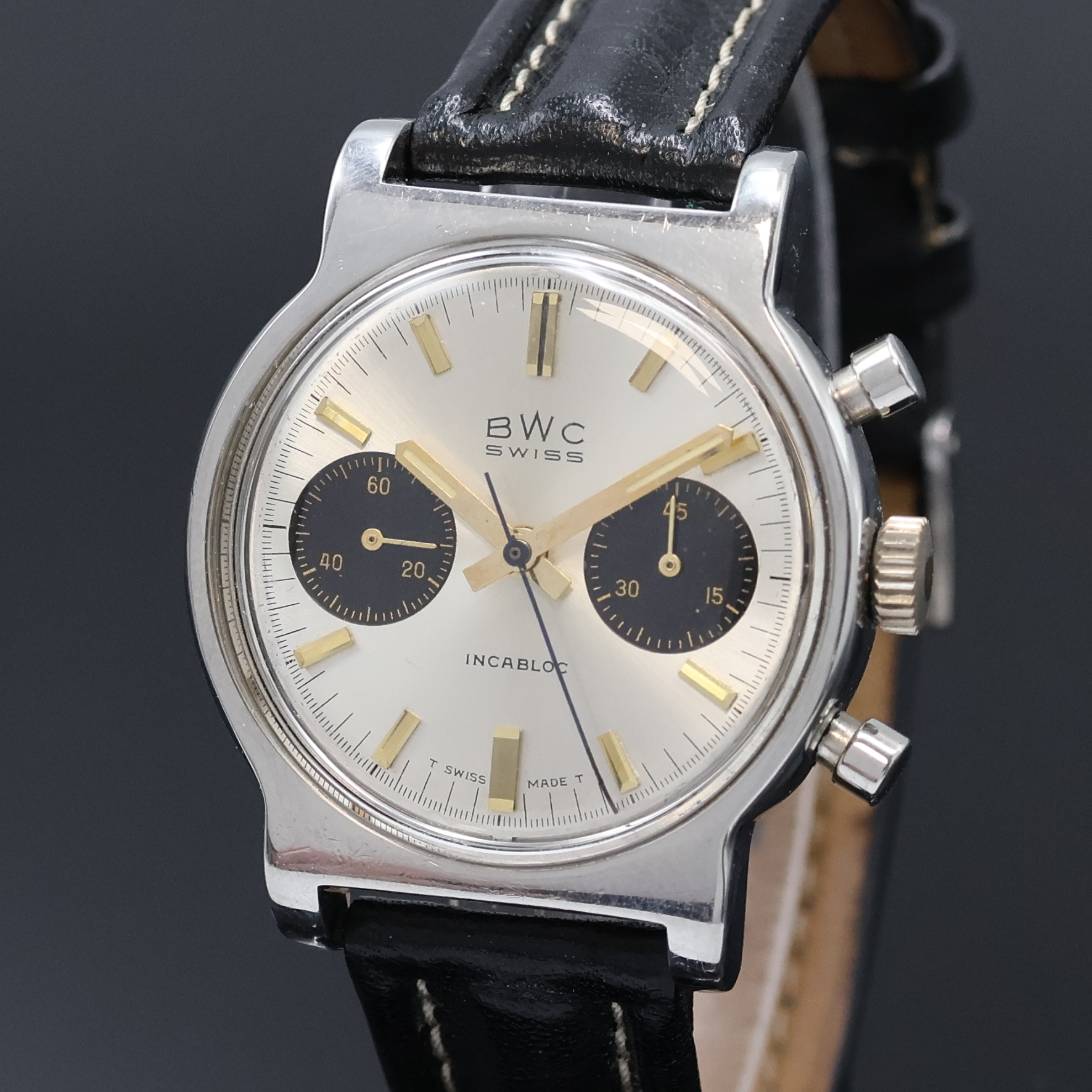 Detail a: BWC Armbandchronograph mit Kaliber Landeron 248, Schweiz um 1965, Handaufzug, Edelstahlgeh., Boden verschr., silb. Zifferbl. m. aufges. gold. ...