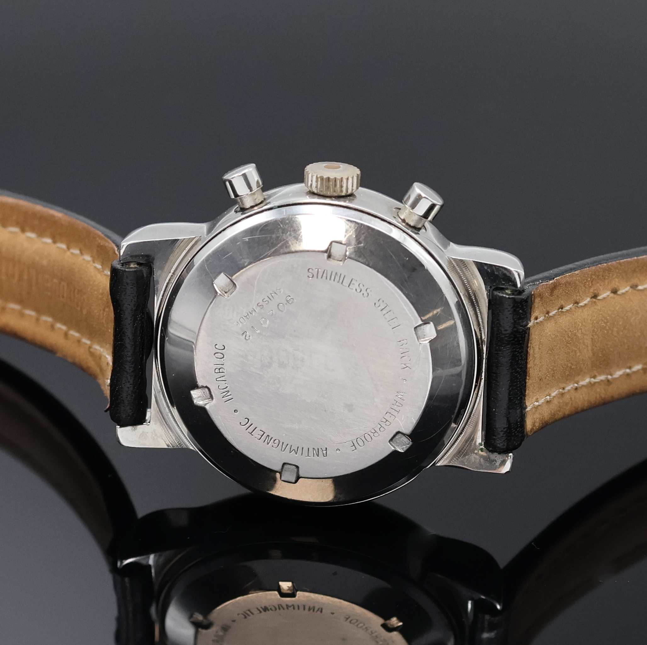 Detail c: BWC Armbandchronograph mit Kaliber Landeron 248, Schweiz um 1965, Handaufzug, Edelstahlgeh., Boden verschr., silb. Zifferbl. m. aufges. gold. ...