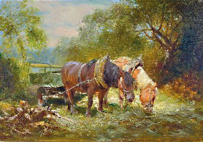 Image Hans Hachel ?, 20th century, two-horse driver at rest, oil/canvas, illegibly signed, ...