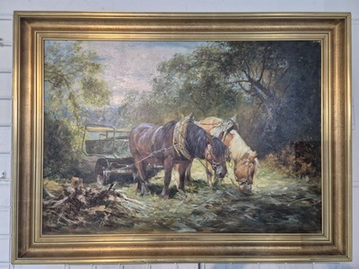 27002201a - Hans Hachel ?, 20. Jh., , Zweispänner bei der Rast, Öl/Lwd, unleserlich signiert, ca 70 ...