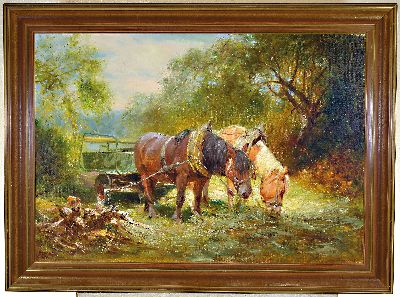 27002201k - Hans Hachel ?, 20. Jh., , Zweispänner bei der Rast, Öl/Lwd, unleserlich signiert, ca 70 ...