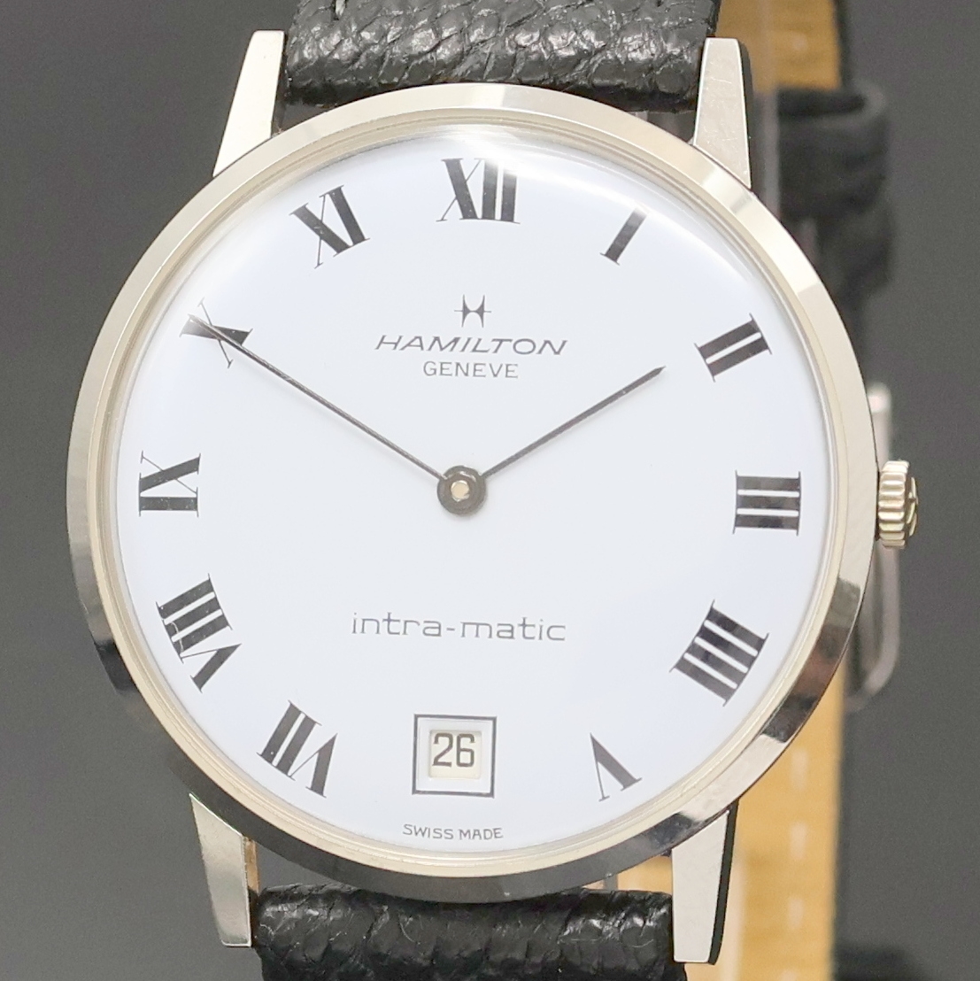 Detail a: HAMILTON Intra-Matic Armbanduhr Referenz 92006, Schweiz um 1965, Automatik, Edelstahlgeh., Boden aufgedr., weißes Zifferbl., röm. Zahlen, Datum b. ...