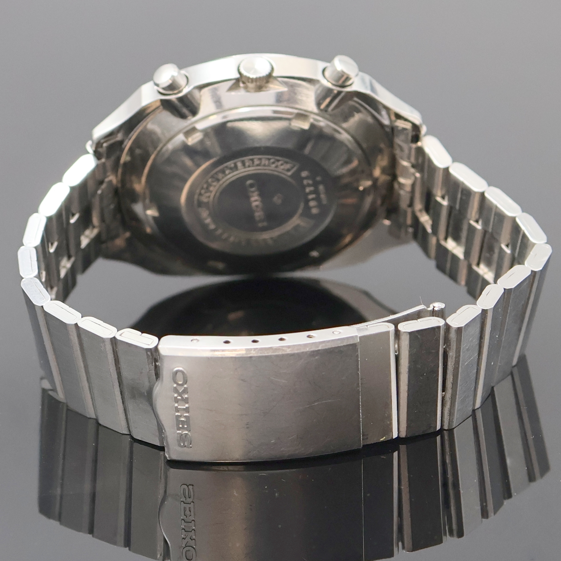 Detail c: SEIKO Armbandchronograph Referenz 6139-6020,Japan 1970er Jahre, Automatik, Edelstahlgeh. inkl. Gliederband m. Faltschl., Boden verschr., schwarzes ...