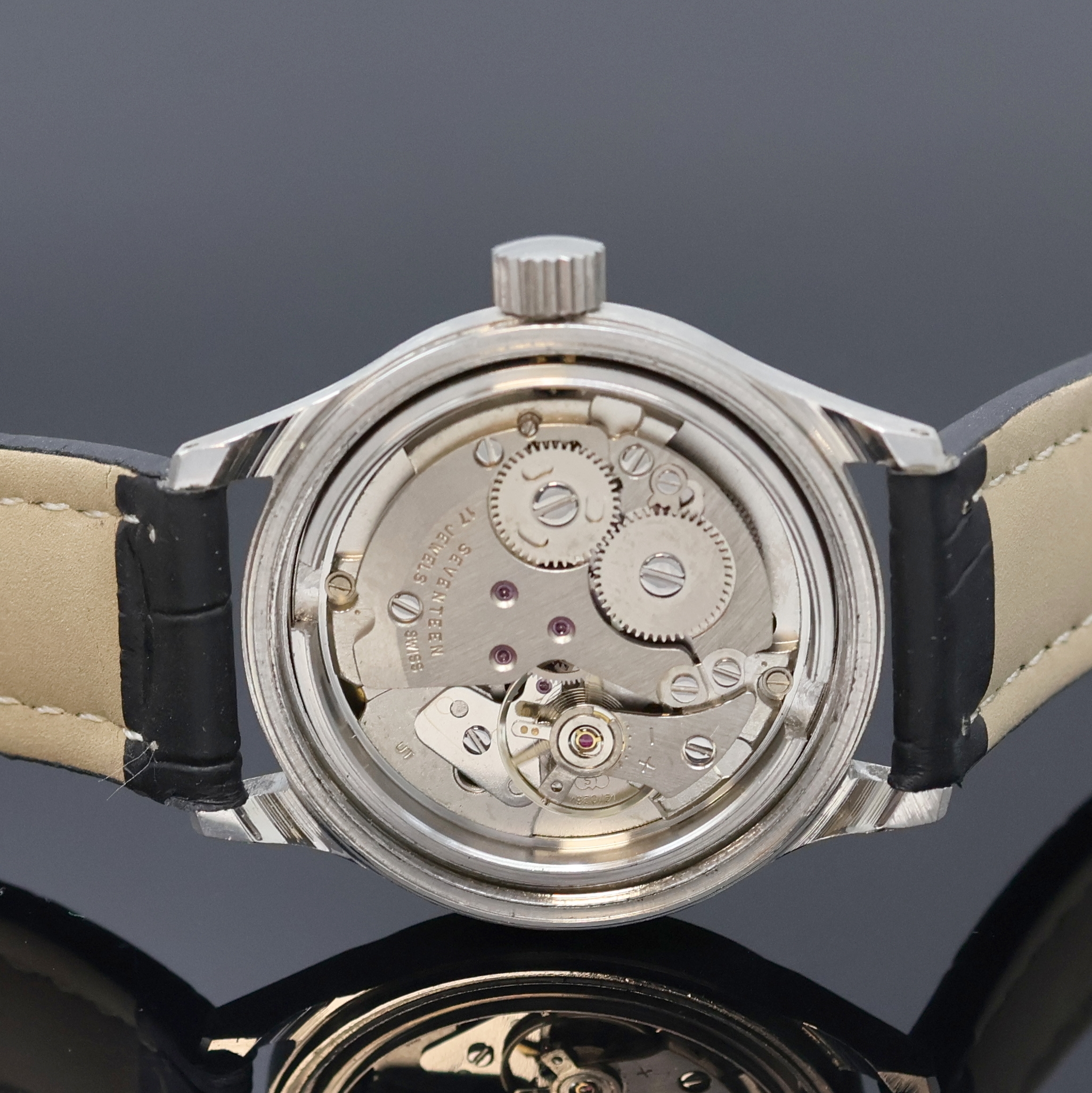 Detail d: ARLY Natostar Armbanduhr Referenz 16002, Schweiz um 1995, Handaufzug, Edelstahlgeh., Boden verschr., schwarzes Zifferbl. m. Leuchtind., weiße ...