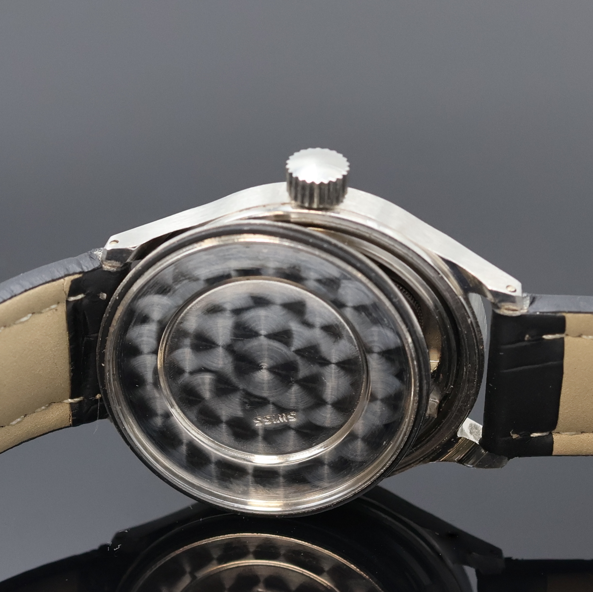 Detail e: ARLY Natostar Armbanduhr Referenz 16002, Schweiz um 1995, Handaufzug, Edelstahlgeh., Boden verschr., schwarzes Zifferbl. m. Leuchtind., weiße ...