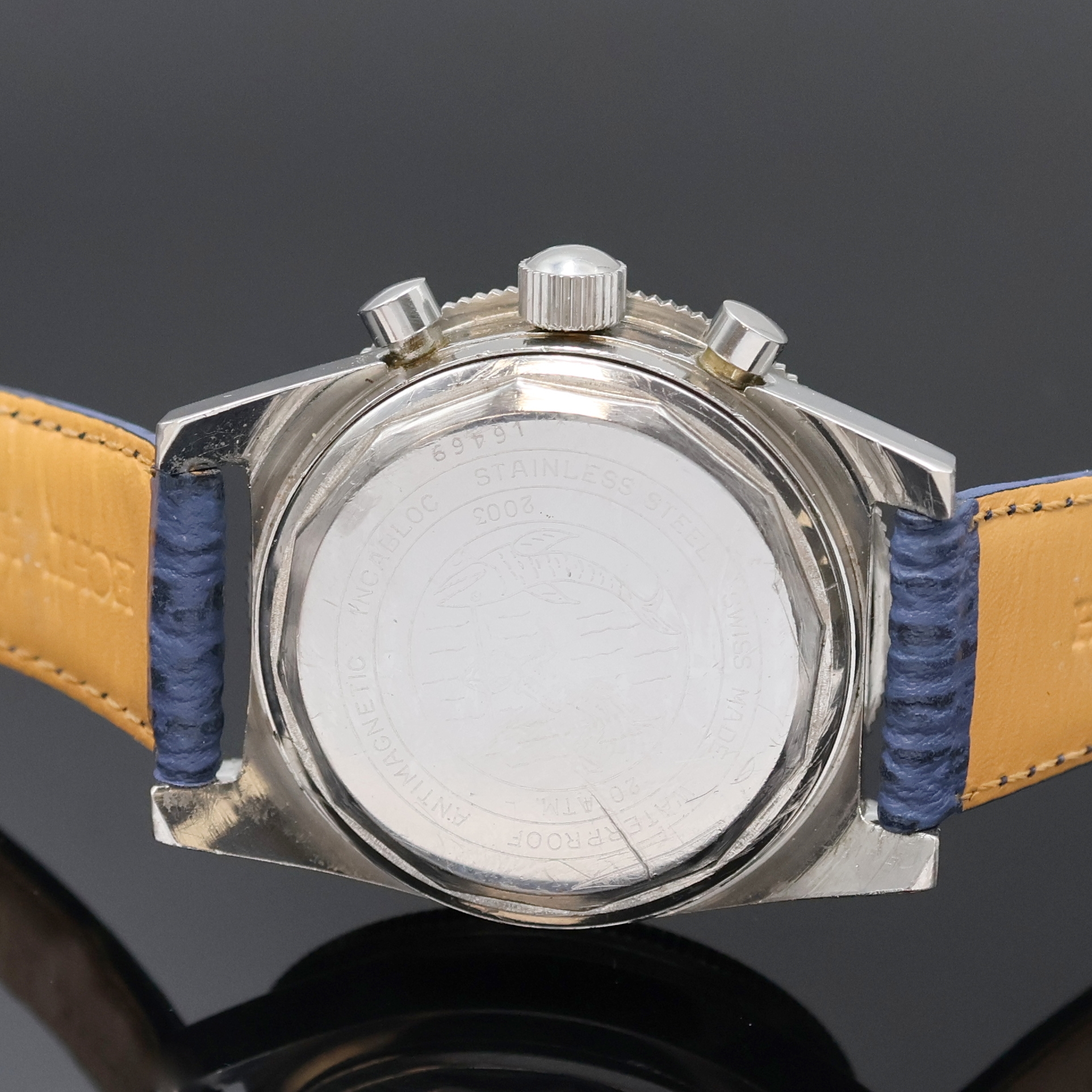 Detail c: JENNY/OLLECH & WAJS Precision Armbandchronograph, Schweiz um 1970, Handaufzug, Edelstahlgeh., Boden u. Krone verschr., Bakelitt-Lünette beids. ...