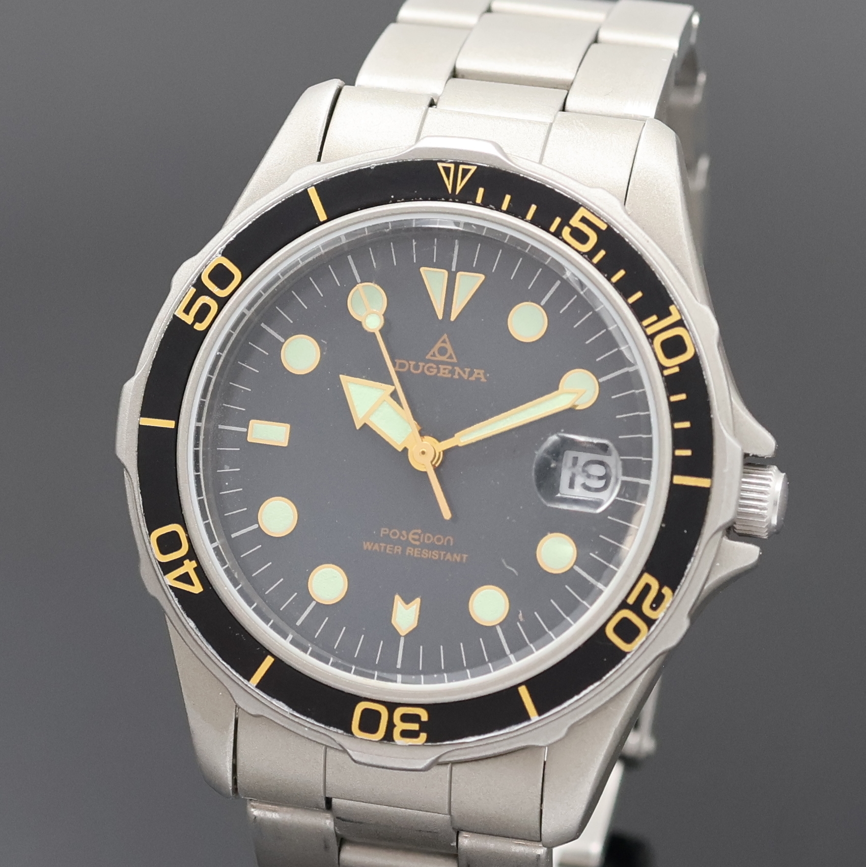 Detail a: DUGENA Poseidon Armbanduhr in Stahl, Schweiz 1980er Jahre, Automatik, Boden u. Krone verschr., orig. Gliederband m. Faltschl., Tauchverlängerung, ...