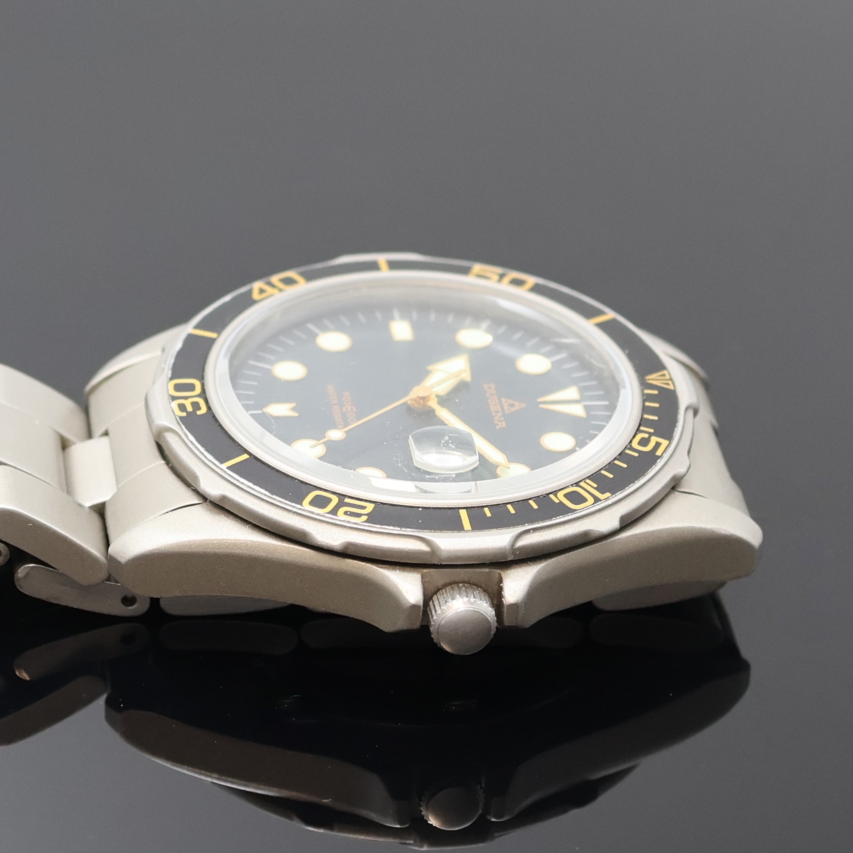 Detail c: DUGENA Poseidon Armbanduhr in Stahl, Schweiz 1980er Jahre, Automatik, Boden u. Krone verschr., orig. Gliederband m. Faltschl., Tauchverlängerung, ...