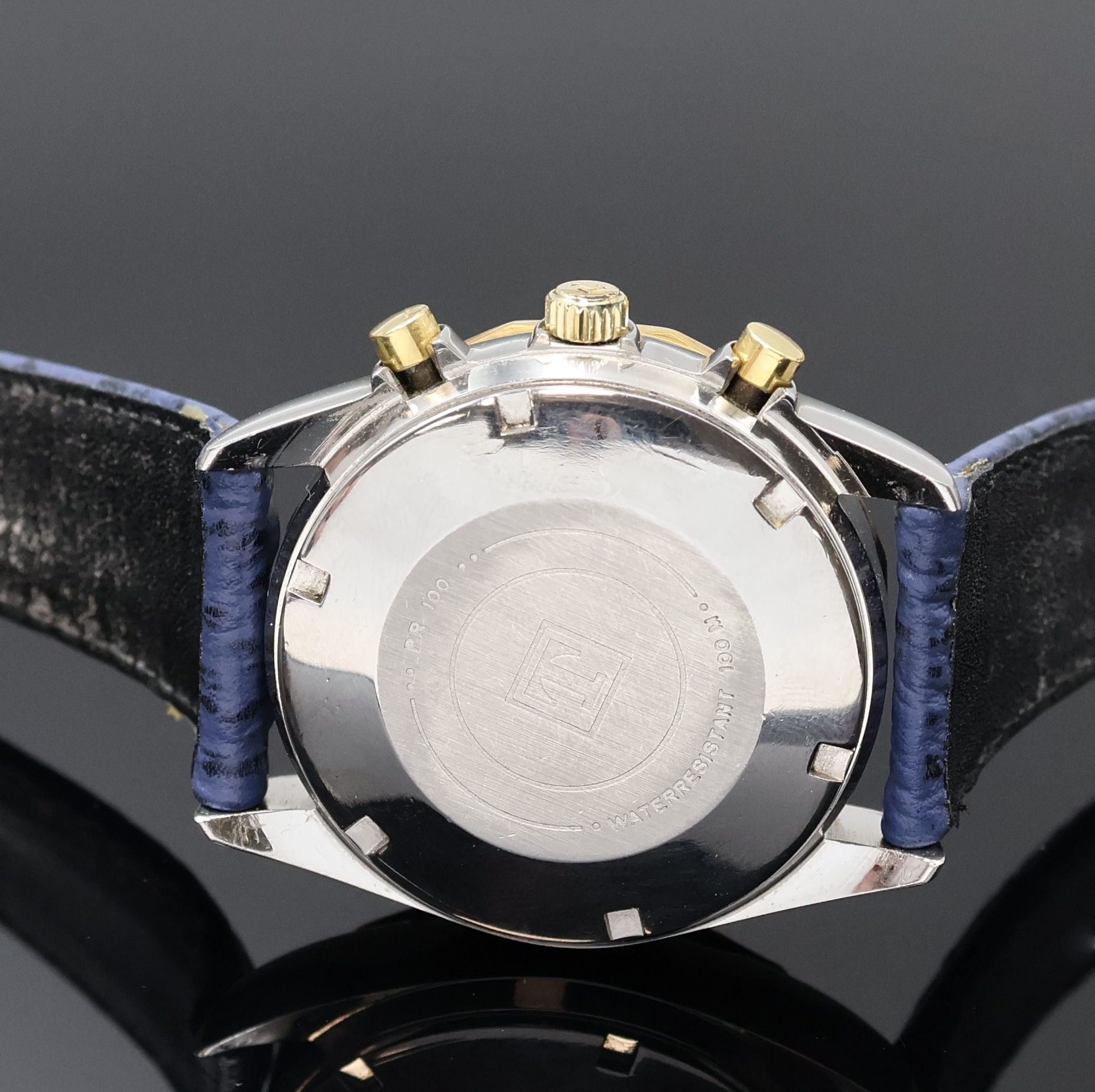 Detail c: TISSOT PR 100 Armbandchronograph in Stahl, Schweiz 1980er Jahre, Automatik, Boden u. Krone verschr., goldfarb. Zifferbl. m. aufges. Std.-Ind., ...