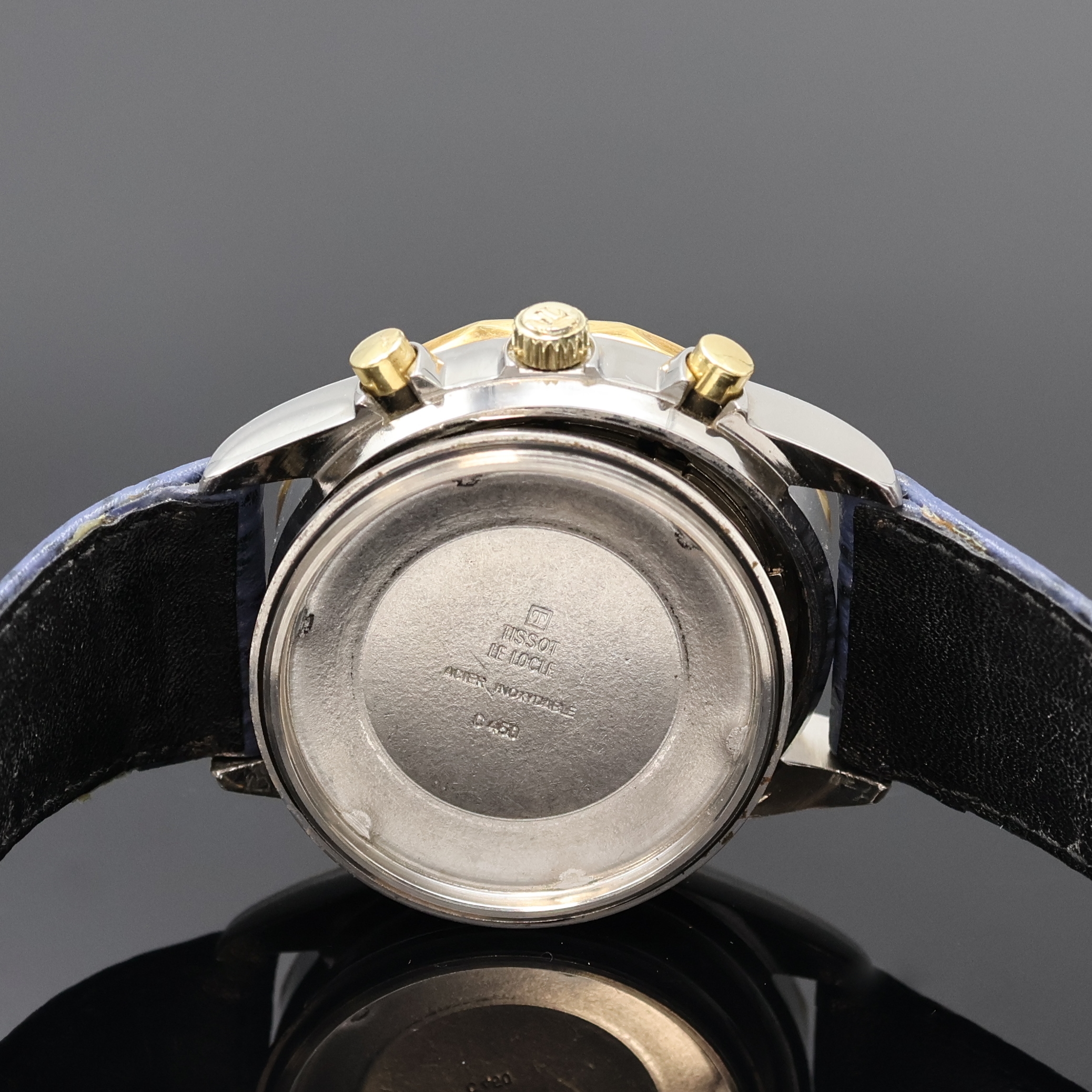 Detail f: TISSOT PR 100 Armbandchronograph in Stahl, Schweiz 1980er Jahre, Automatik, Boden u. Krone verschr., goldfarb. Zifferbl. m. aufges. Std.-Ind., ...