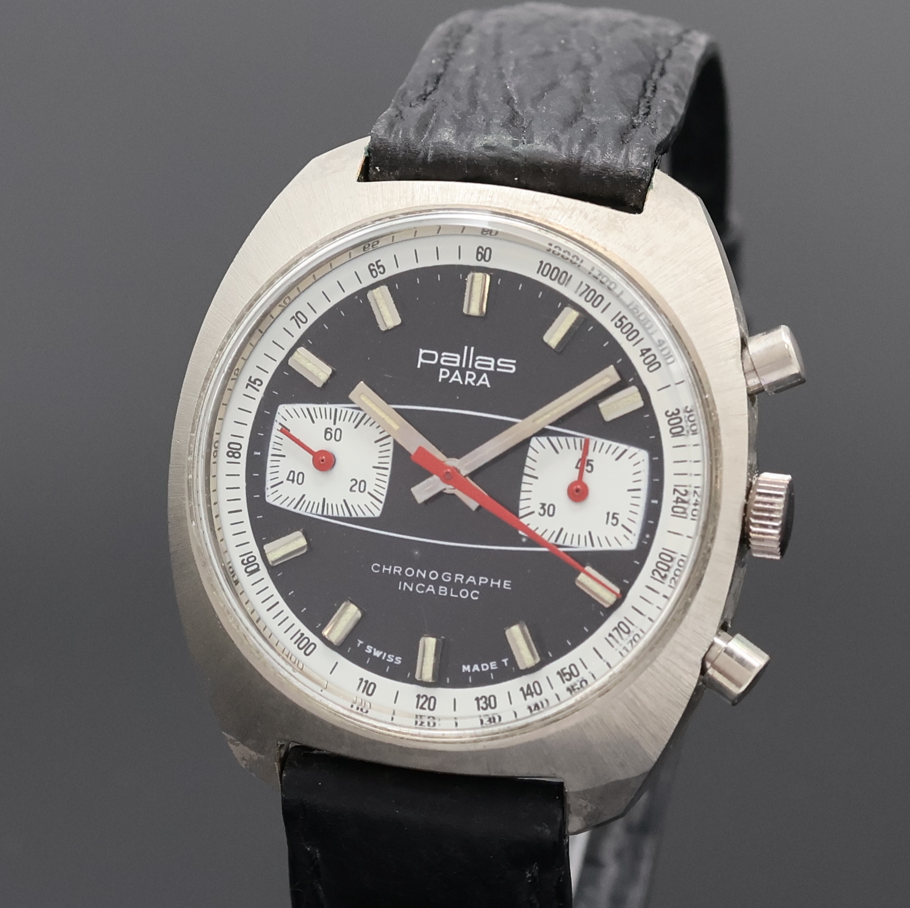 Detail a: PALLAS Para verchromter Armbandchronograph, Schweiz um 1975, Handaufzug, Stahlboden verschr., schwarzes Zifferbl. m. aufges. silb. Tritium-Ind., ...