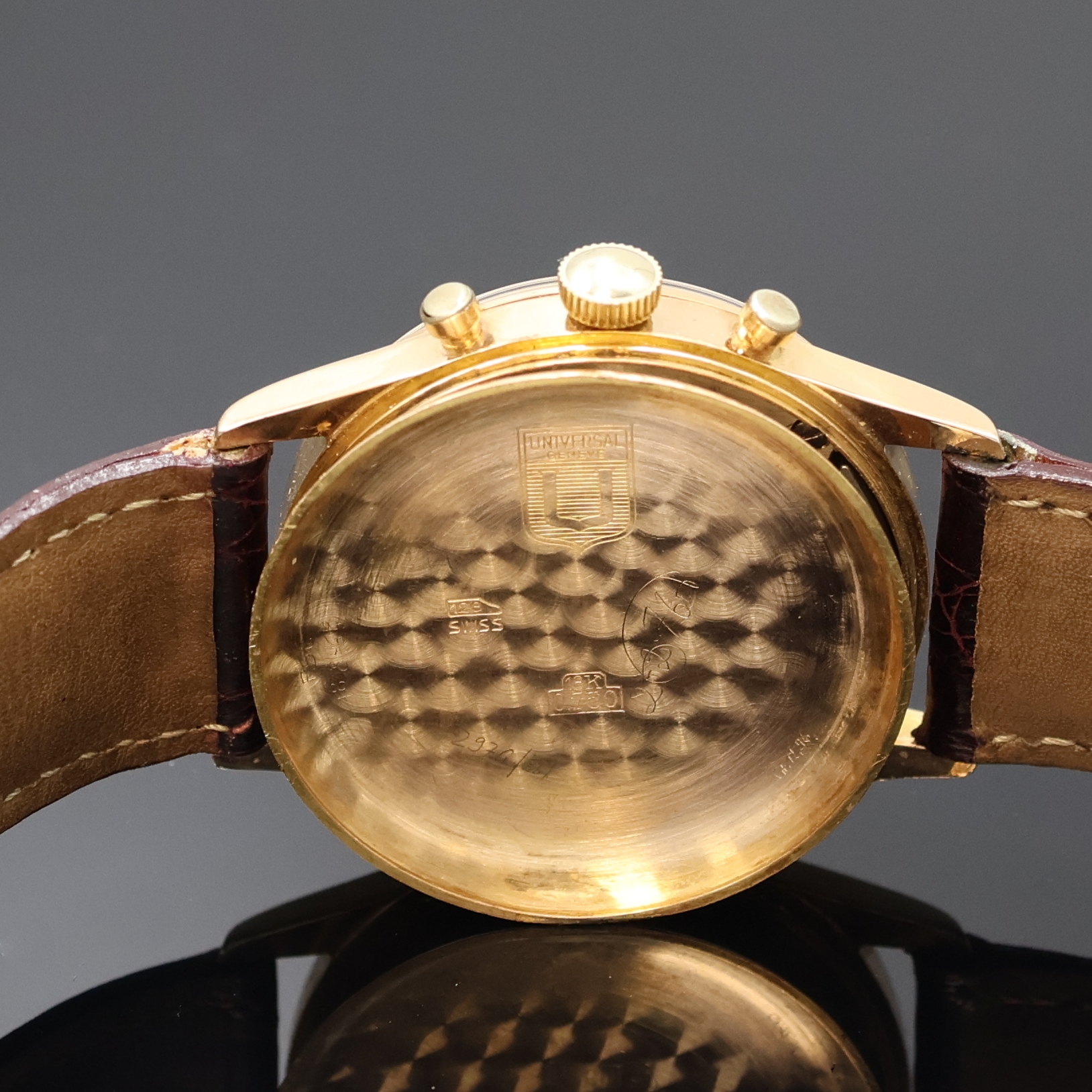 Detail g: UNIVERSAL GENEVE Compax Armbandchronograph in RoseG 750/000, Schweiz um 1950, Handaufzug, Boden aufgedr., silb. Zifferbl. rest., gold. Std.-Ind., ...