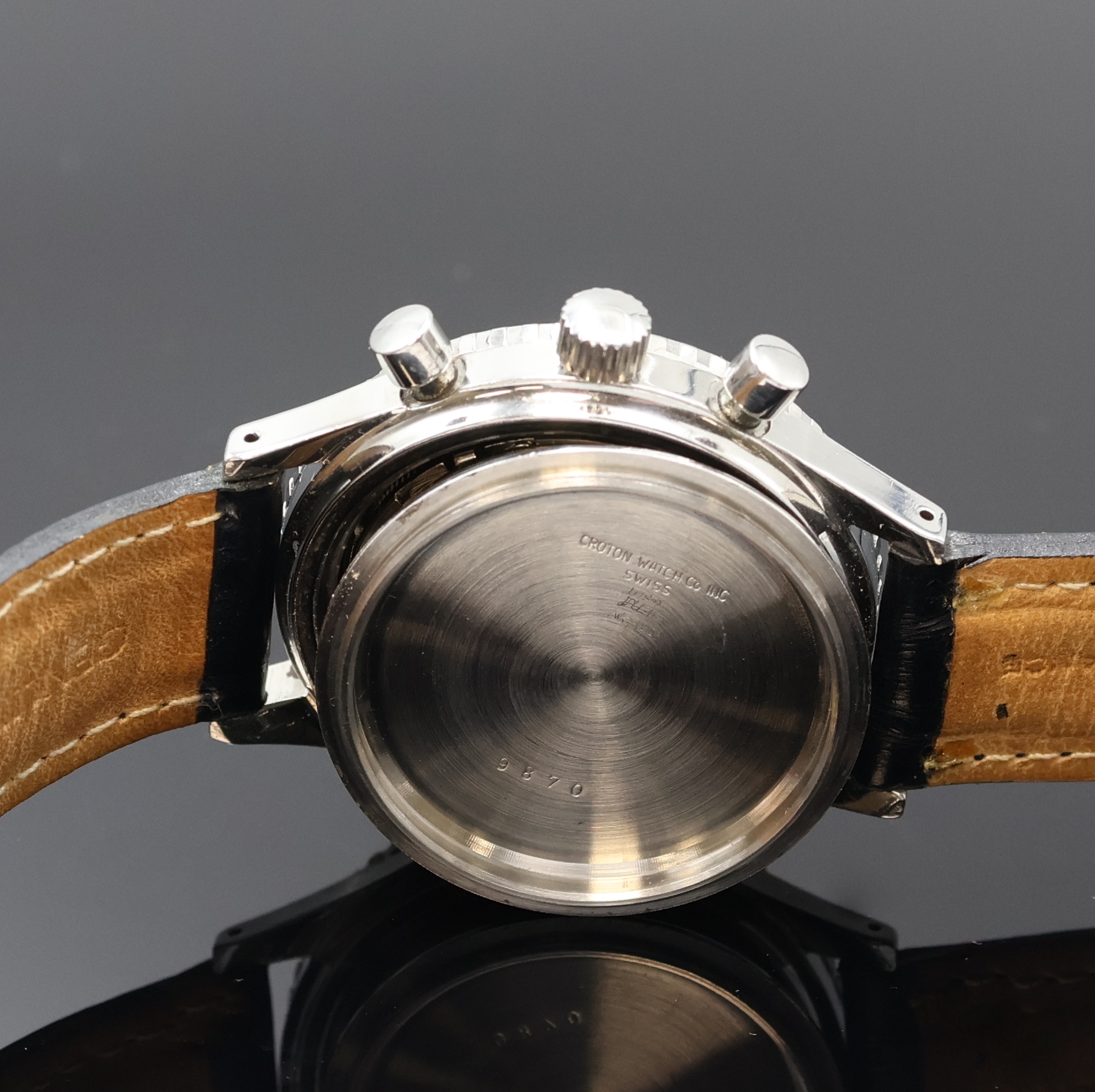 Detail e: CROTON Chronomaster Aviator Sea Diver Armbandchronograph in Stahl, Schweiz 1960er Jahre, Handaufzug, Boden verschr., Lünette m. 60er Teilung beids. ...