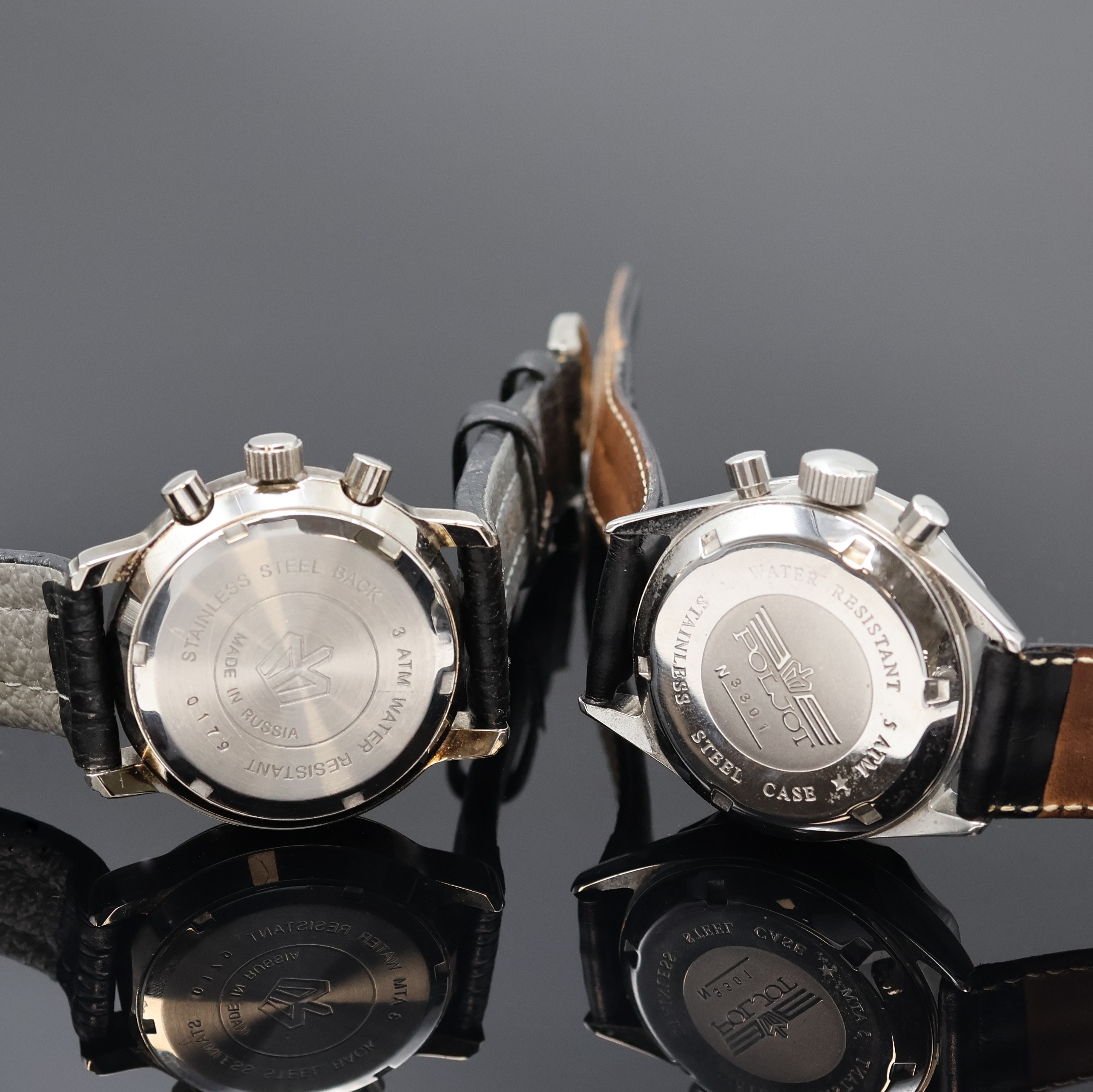Detail f: 6 Russische Armbanduhren, Russland um 1980- 2010, Handaufzug/Automatik, 4 Chronographen, 2 Armbanduhren, Stahl/vergoldete Geh., Böden verschr. u. ...