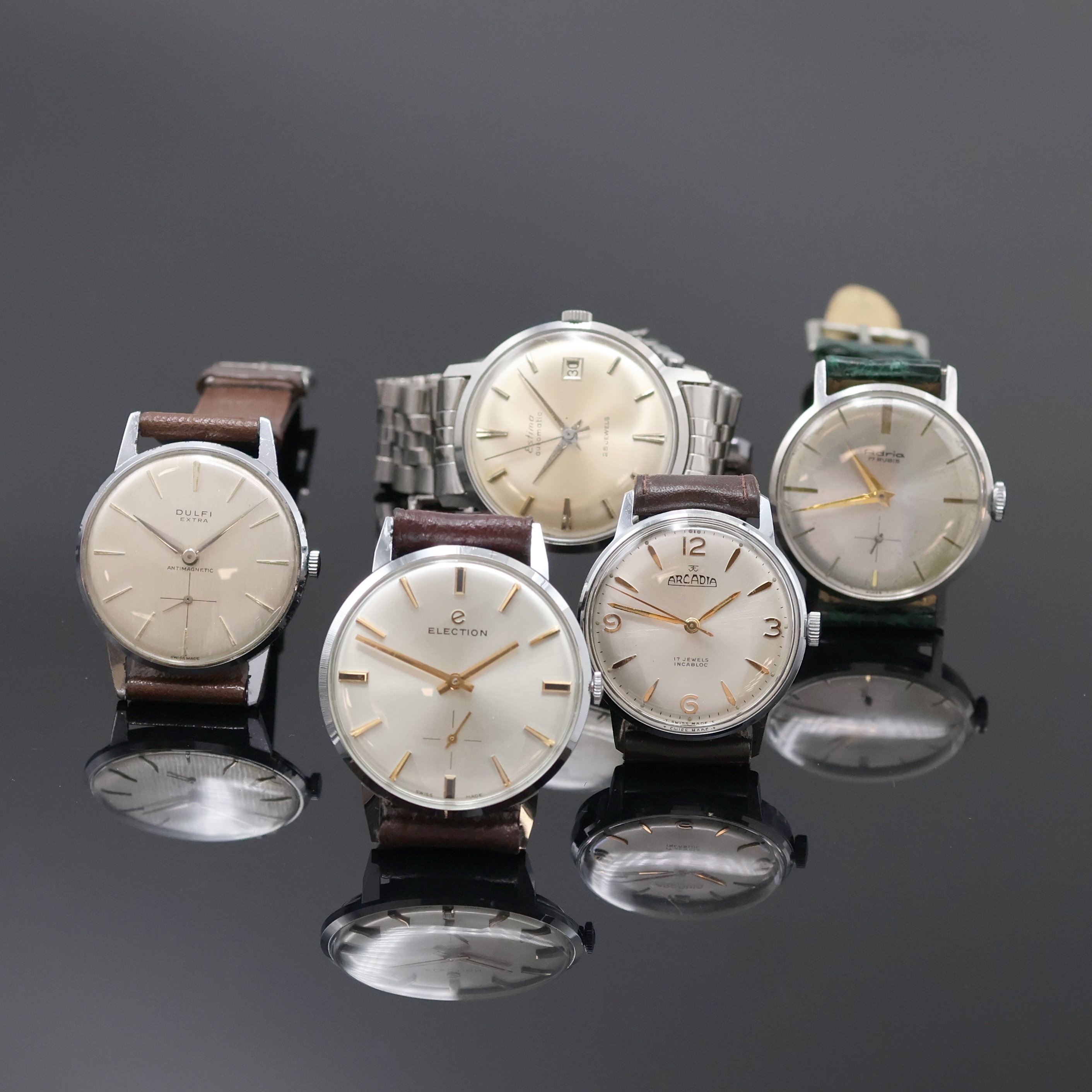 Image 27002444 - ADRIA, ELECTION, DULFI, ESTIMA und ARCADIA 5 Armbanduhren, Schweiz um 1960, ...