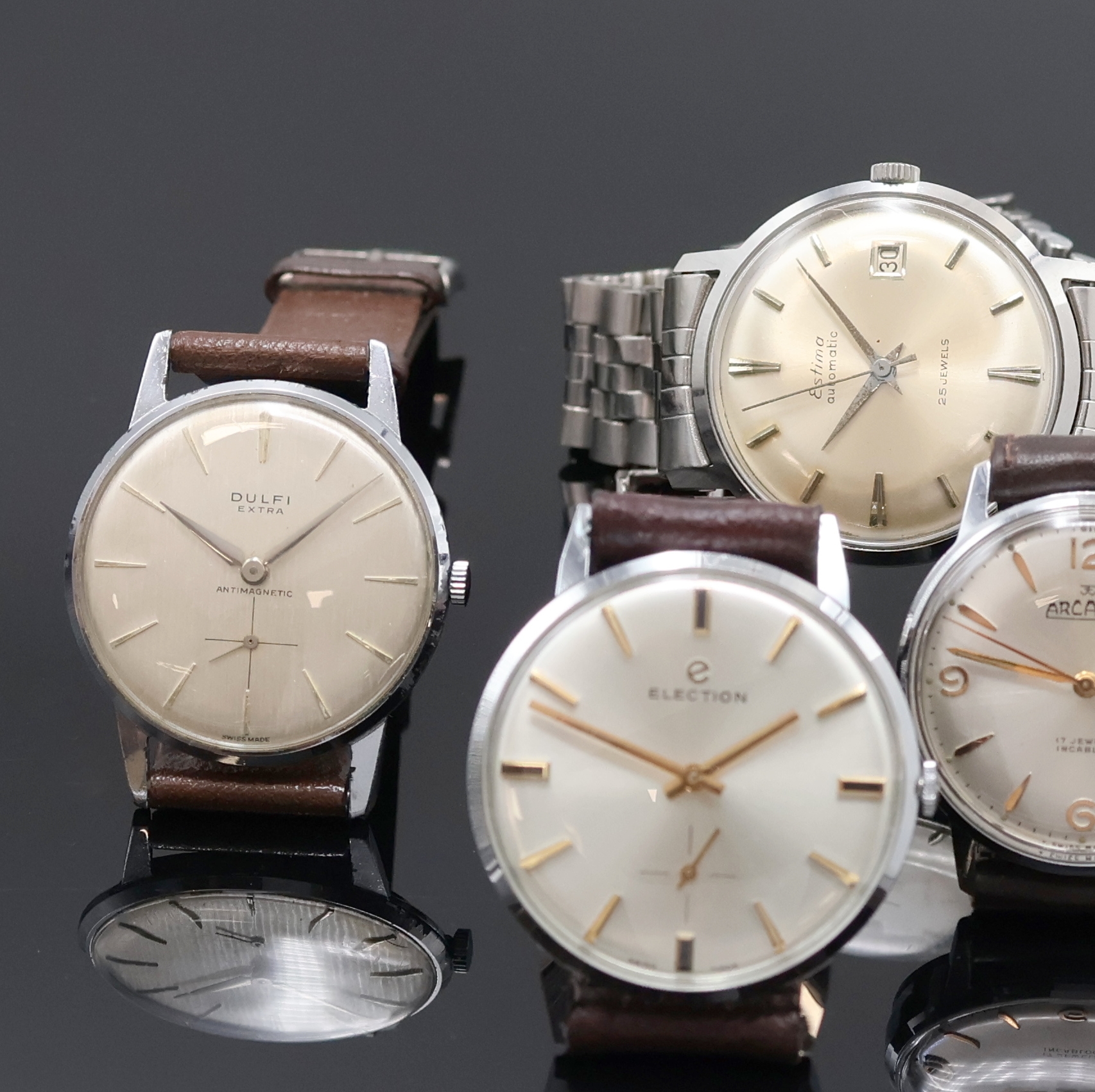Detail a: ADRIA, ELECTION, DULFI, ESTIMA und ARCADIA 5 Armbanduhren, Schweiz um 1960, Handaufzug/Automatik, verchr./Edelstahlgeh., Böden verschr. u. gedr., ...
