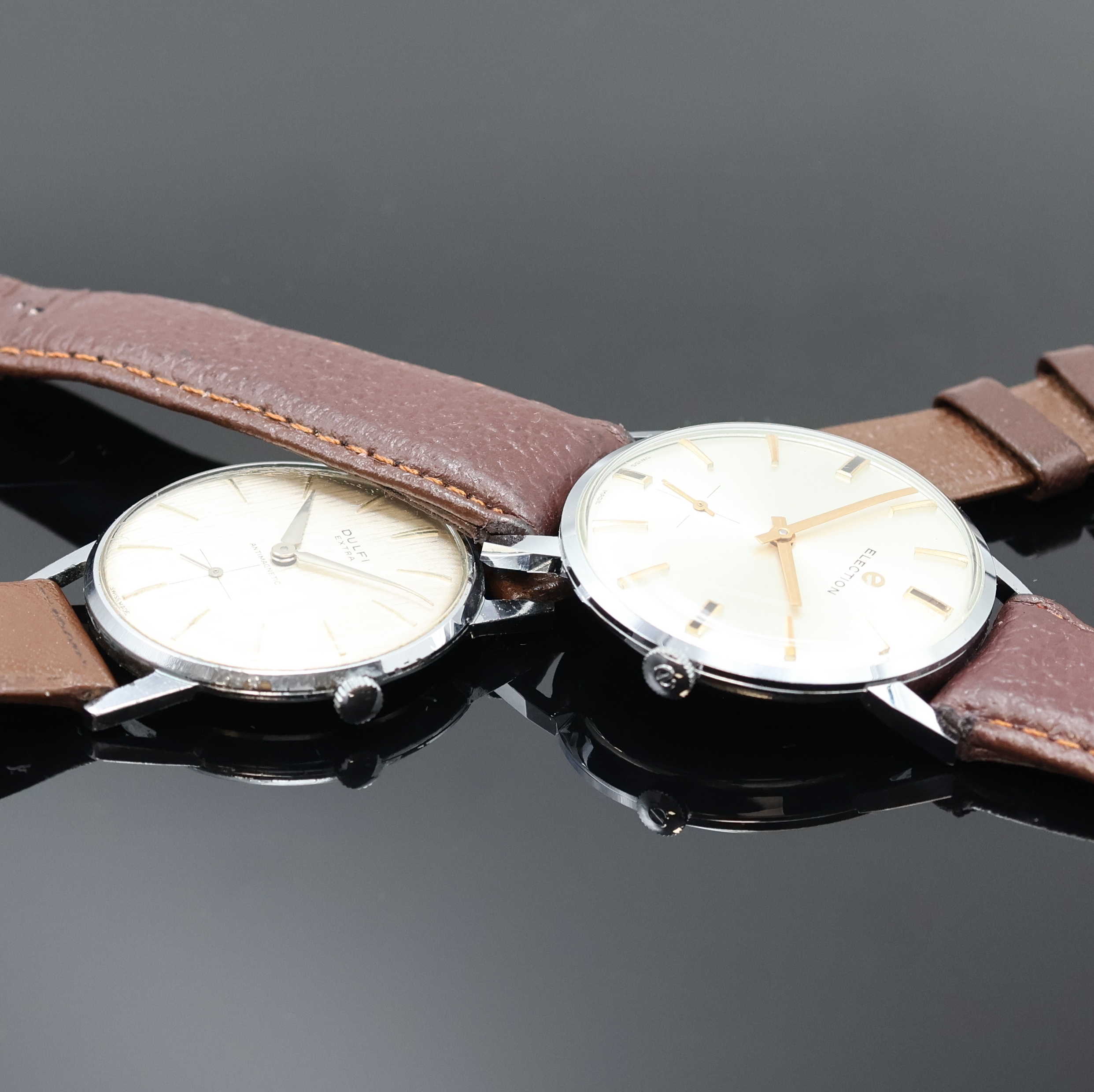 Detail c: ADRIA, ELECTION, DULFI, ESTIMA und ARCADIA 5 Armbanduhren, Schweiz um 1960, Handaufzug/Automatik, verchr./Edelstahlgeh., Böden verschr. u. gedr., ...