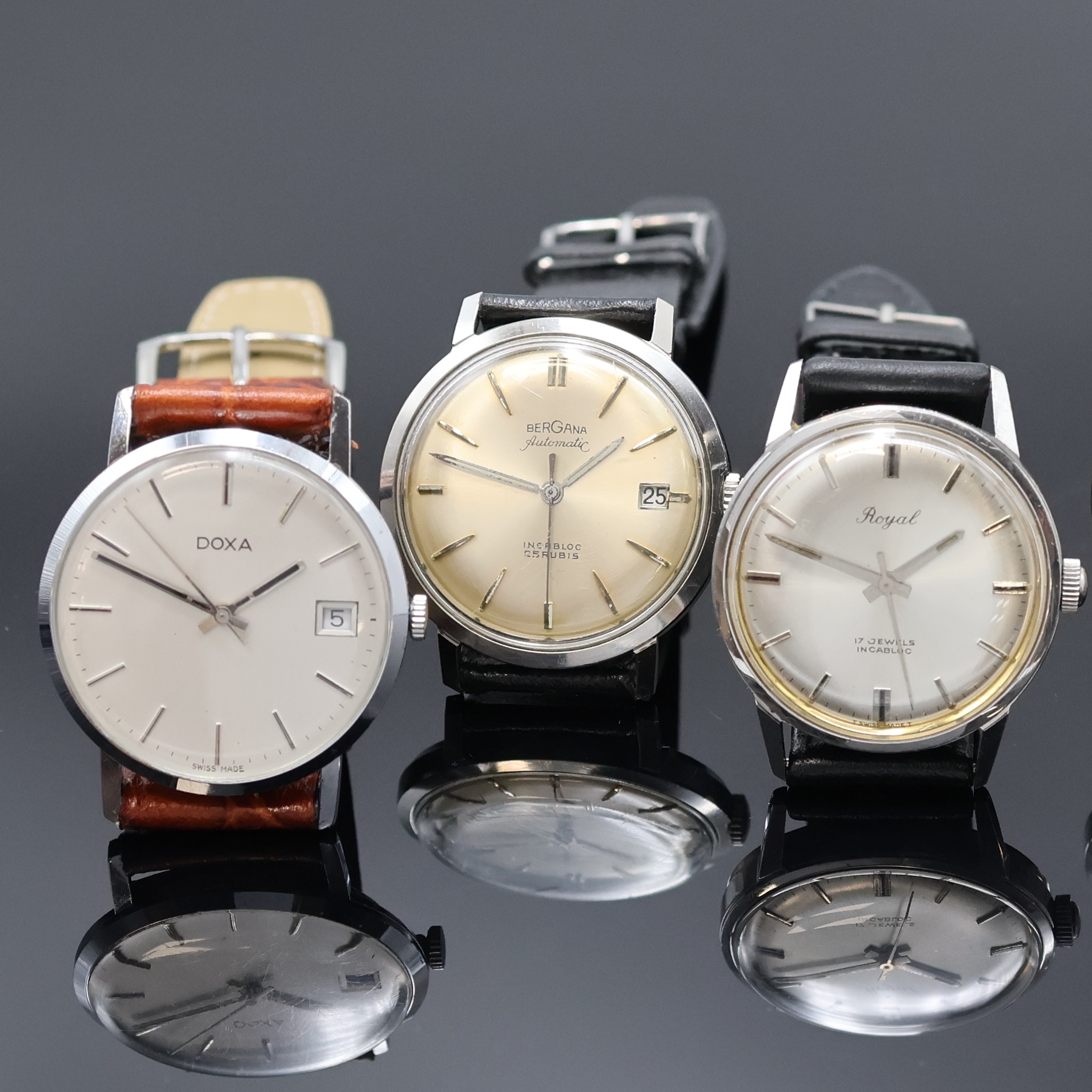 Detail a: ROYCE, BERGANA, ROYAL, DOXA und ERNEST BOREL 5 Armbanduhren, Schweiz um 1960-2000, Handaufzug u. Automatik, verchr./Stahl u. Titan, Böden verschr. ...
