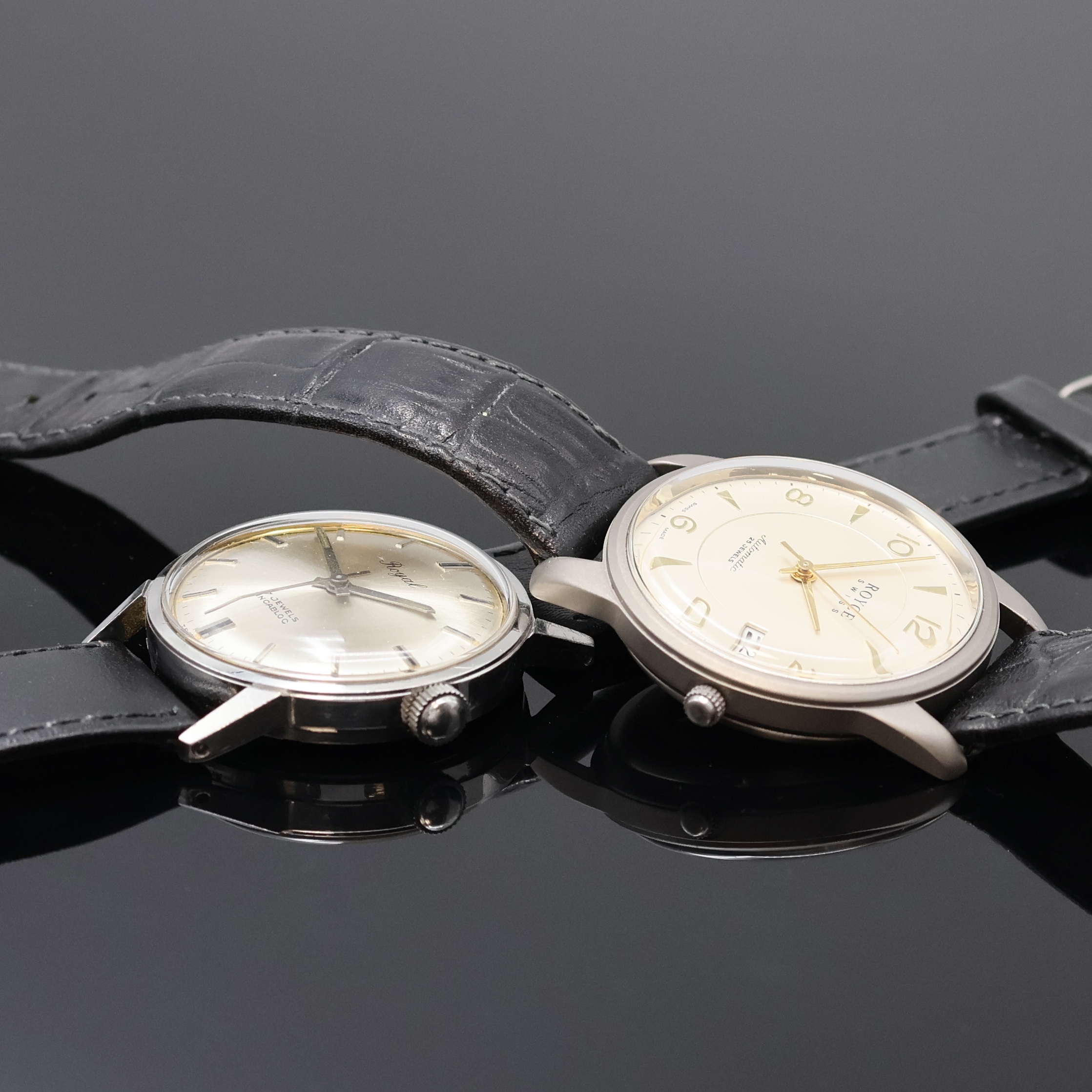 Detail e: ROYCE, BERGANA, ROYAL, DOXA und ERNEST BOREL 5 Armbanduhren, Schweiz um 1960-2000, Handaufzug u. Automatik, verchr./Stahl u. Titan, Böden verschr. ...
