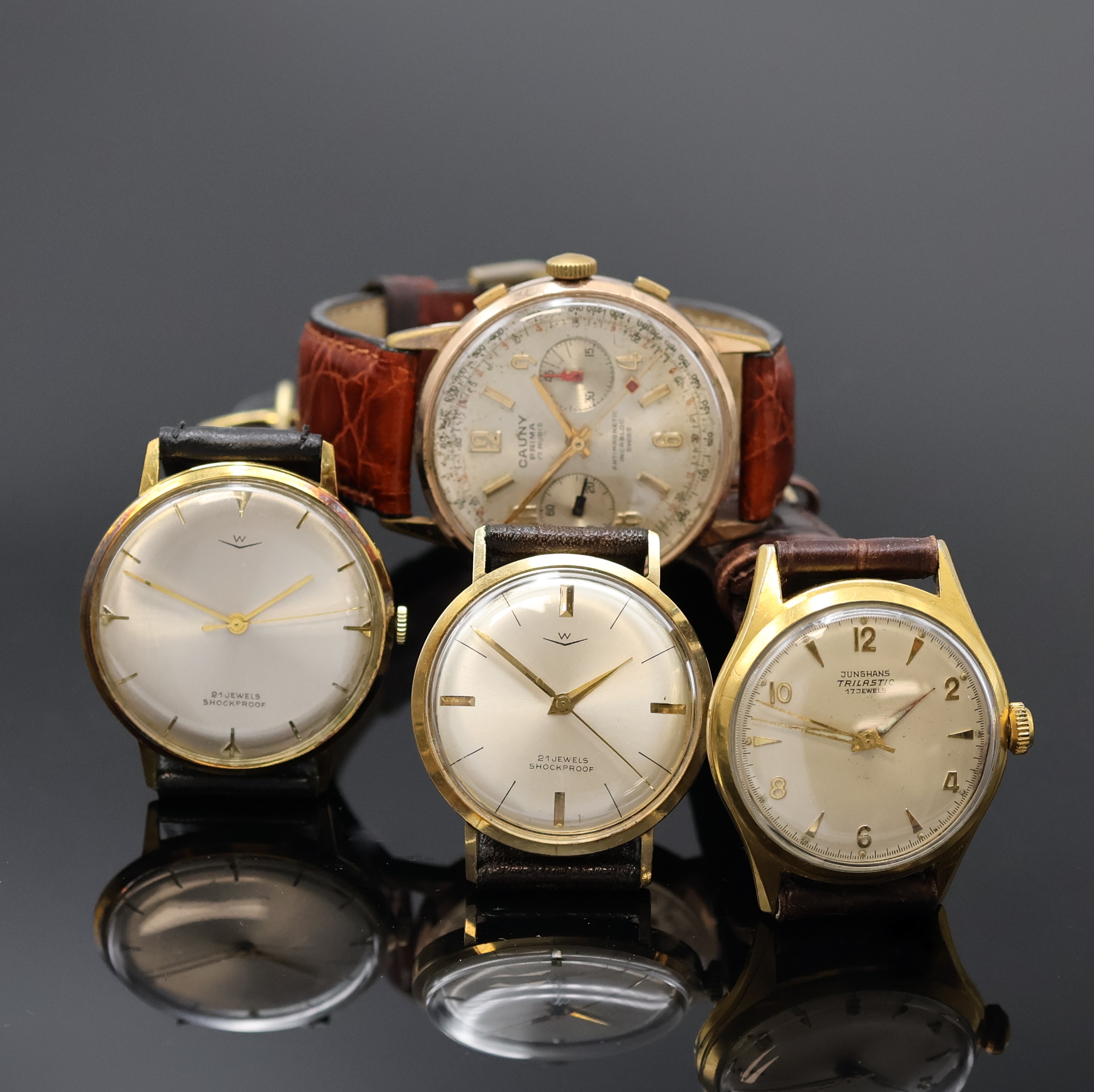 Detail a: JUNGHANS, CAUNY Chronograph sowie 2 weitere Armbanduhren bezeichnet W, Schweiz 1950er/60er Jahre, Handaufzug, 3x verg. Gehäuse, 1x GG 585/000, ...