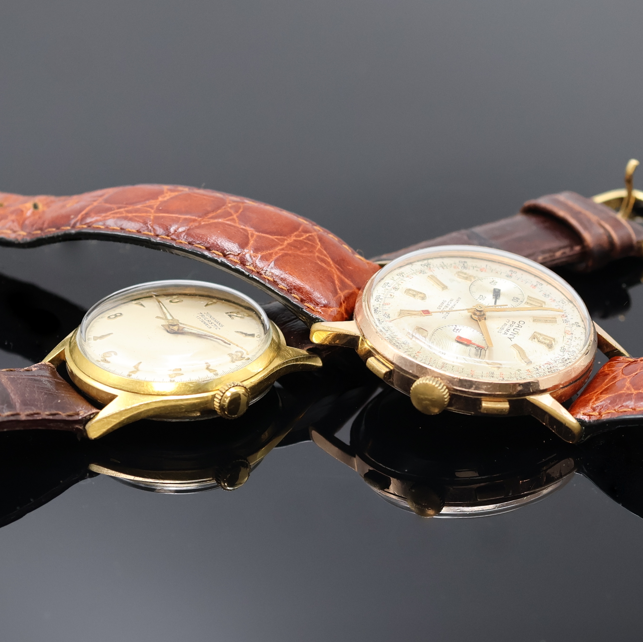 Detail e: JUNGHANS, CAUNY Chronograph sowie 2 weitere Armbanduhren bezeichnet W, Schweiz 1950er/60er Jahre, Handaufzug, 3x verg. Gehäuse, 1x GG 585/000, ...