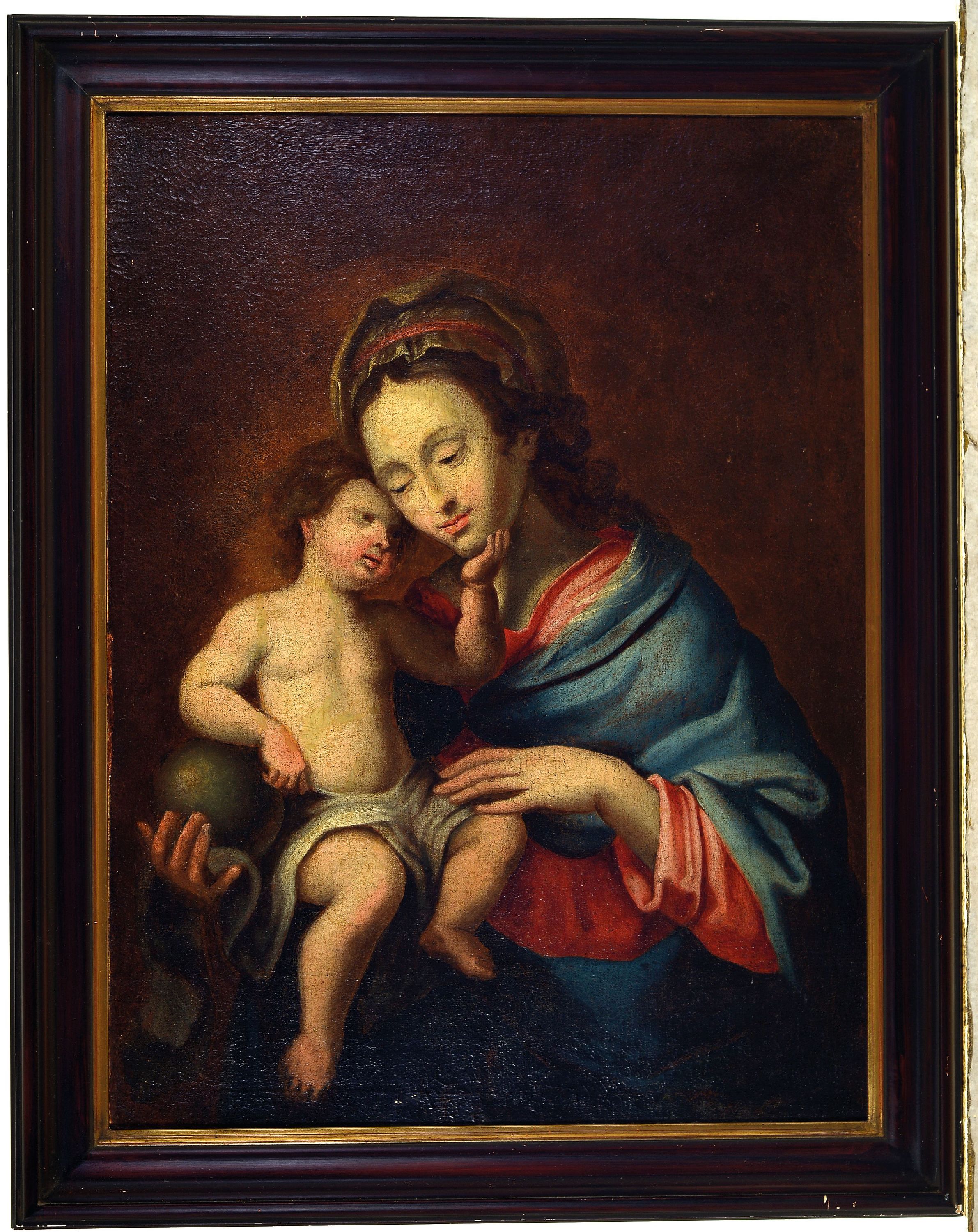 Detail k: Unbekannter Meister, um 1780-1820, Maria mit dem Christuskind, Öl/Lwd, rest., doubl., innige Darstellung, ca. 60x46cm