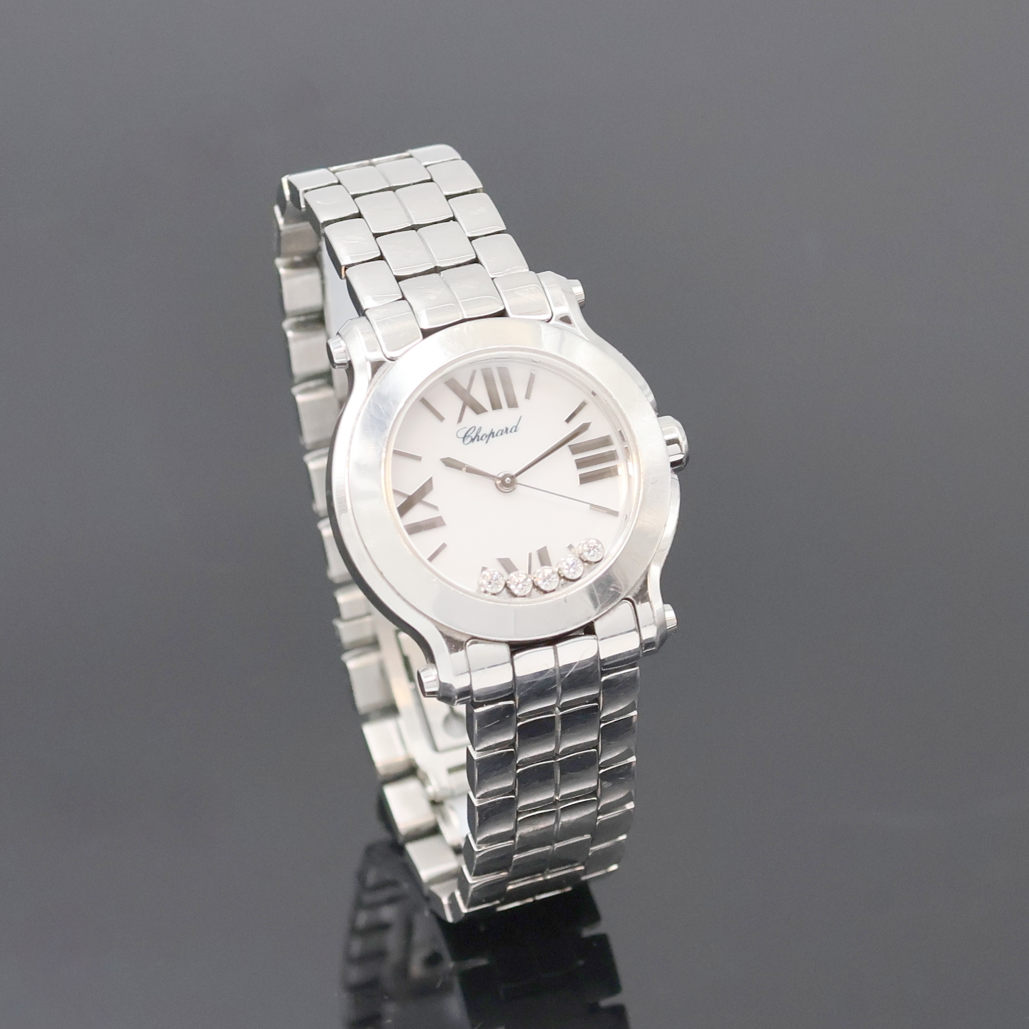 Detail b: CHOPARD Damenarmbanduhr Serie Happy Sport Referenz 8509, Schweiz um 2015, quarz, Edelstahlgeh. inkl. Gliederband m. dopp. Faltschl., Boden 6-fach ...