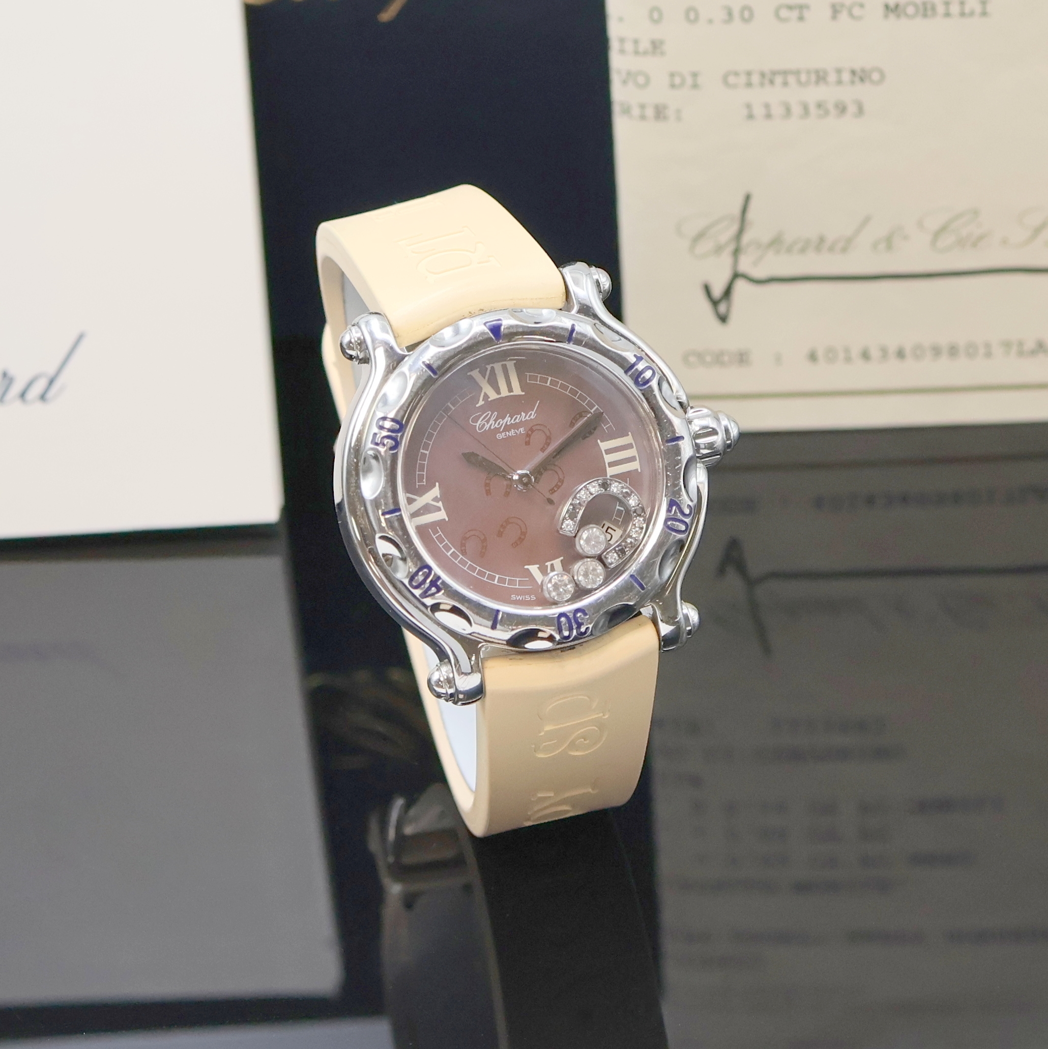 Detail b: CHOPARD Damenarmbanduhr Serie Happy Sport Modell Happy Horseshoe Referenz 8347, quarz, Edelstahlgeh. inkl. orig. Kautschukband m. orig. Dornschl., ...
