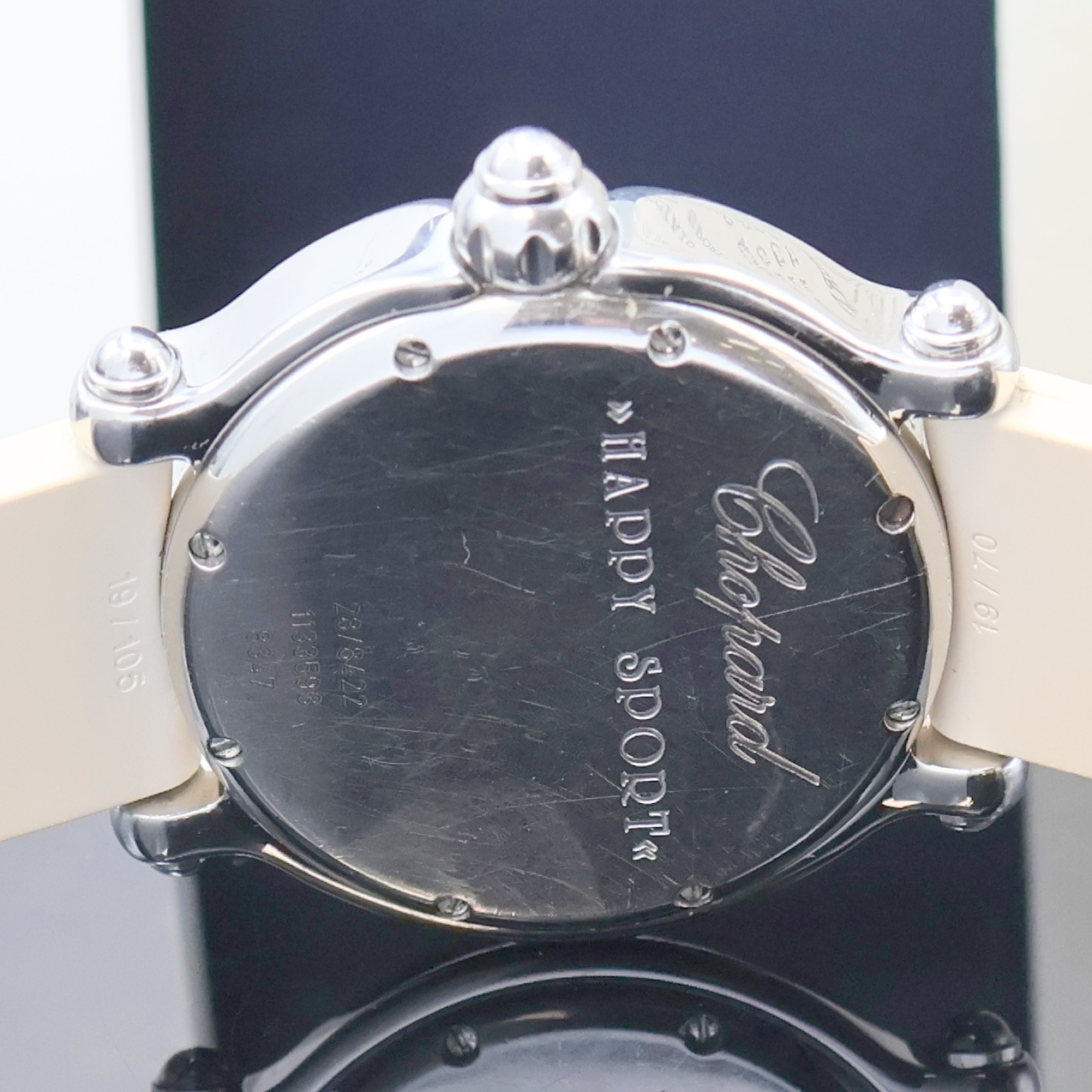 Detail e: CHOPARD Damenarmbanduhr Serie Happy Sport Modell Happy Horseshoe Referenz 8347, quarz, Edelstahlgeh. inkl. orig. Kautschukband m. orig. Dornschl., ...