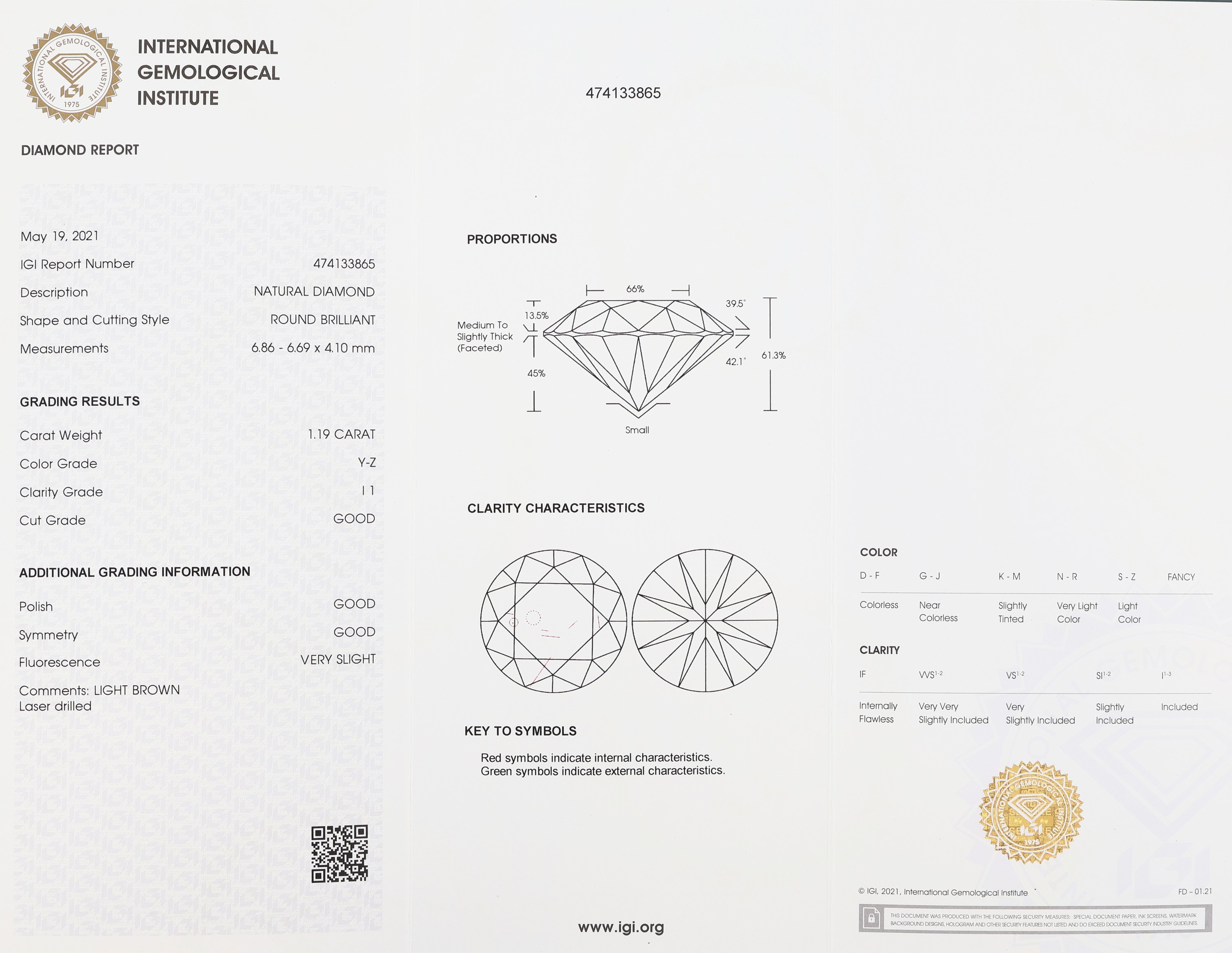 Detail a: Loser Brillant 1.19 ct light brown (Y-Z)/p1, verschweißt, Polish und Symmetry good, Fluorescence very slight, laser drilled, mit IGI Expertise