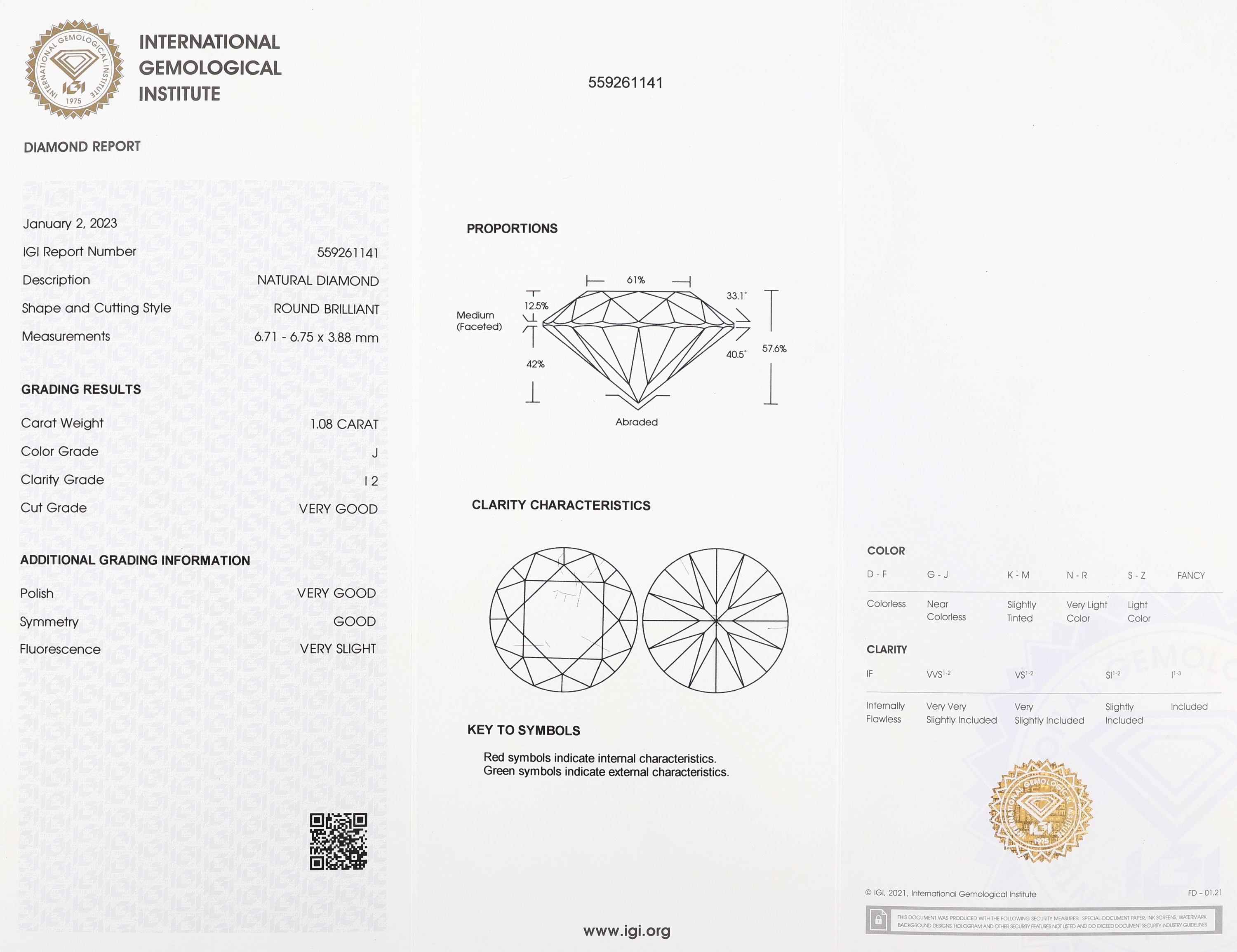 Detail a: Loser Brillant 1.08 ct l.get.Weiß(J)/p2, verschweißt, Polish very good, Symmetry good, Fluorescence very slight, mit IGI Zertifikat