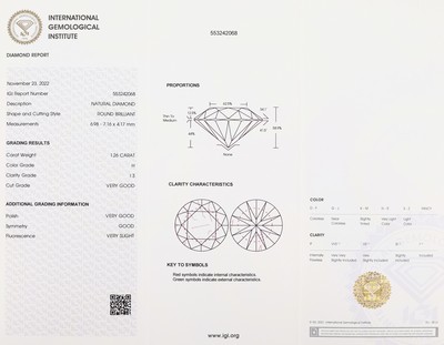 27003252a - Loser Brillant 1.26 ct Weiß (H)/p3, verschweißt, Polish very good, Symmetry good, ...