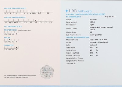 27003299a - Loses Diamant-Hexagon 0.51 ct natural fancy pinkish brown/si2, verschweißt, HRD ...