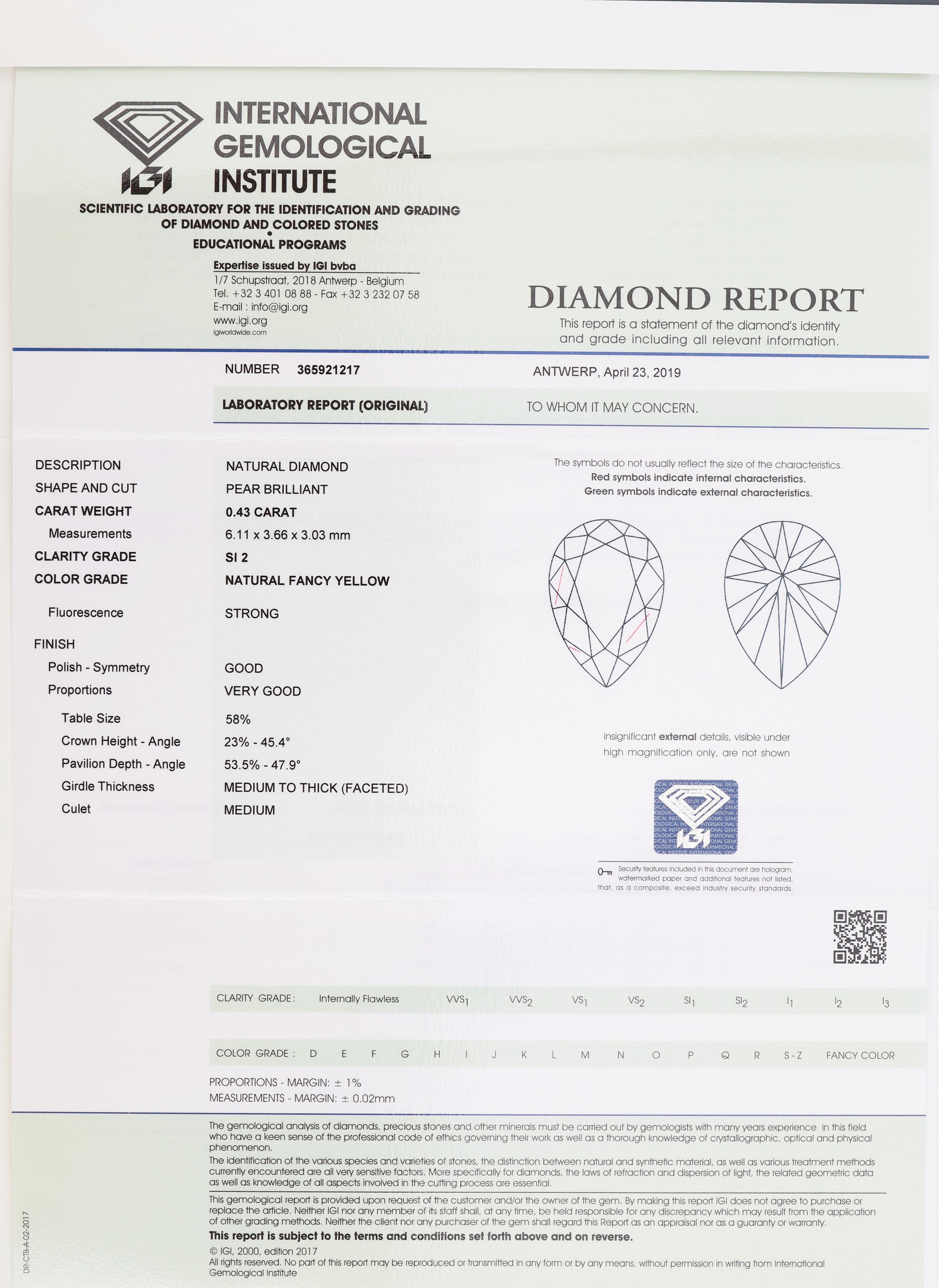 Detail a: Loser Diamant-Tropfen 0.43 ct natural fancy yellow/si2, verschweißt, Polish und Symmetry good, Proportions very good, mit IGI Zertifikat