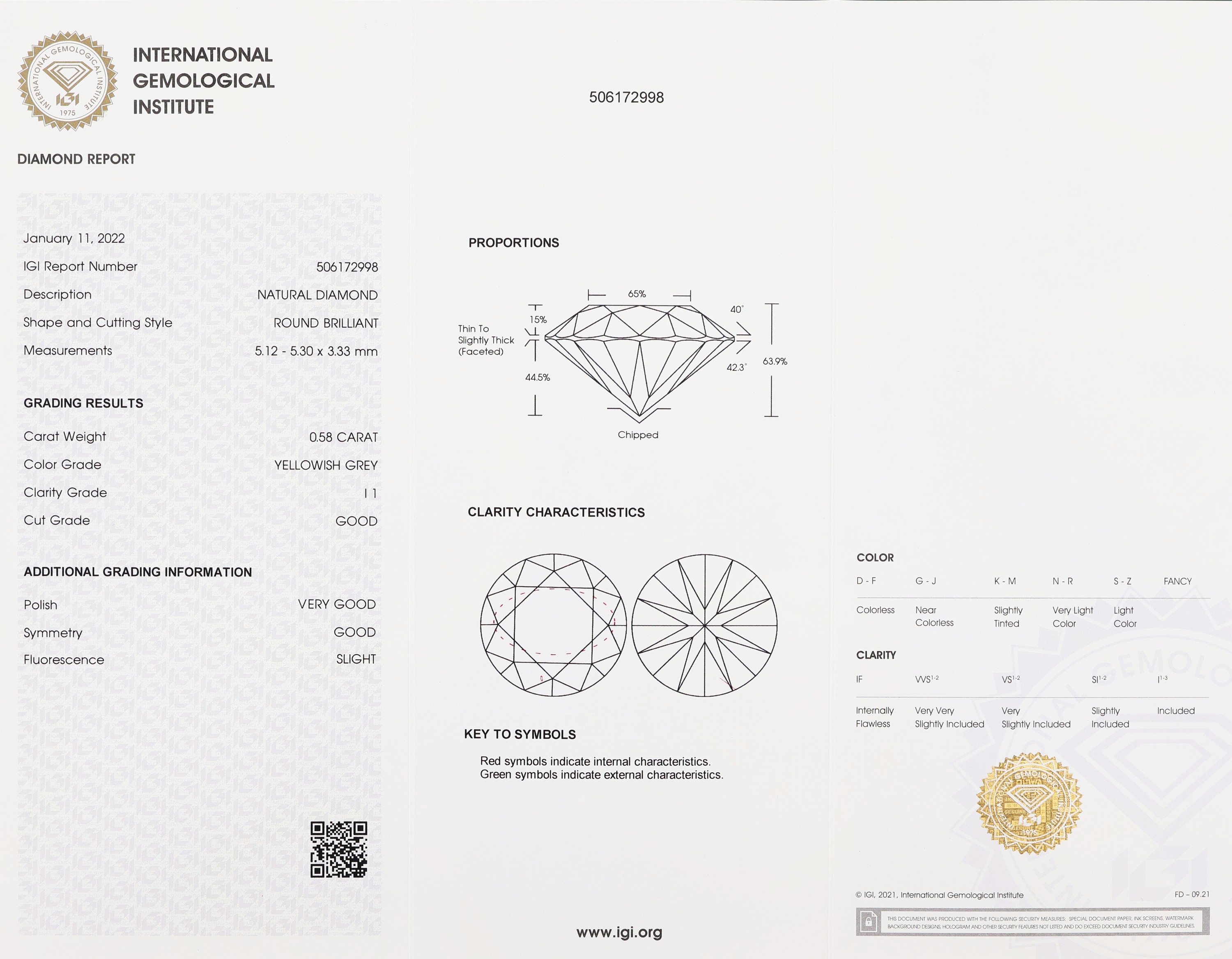 Detail a: Loser Brillant 0.58 ct Yellowish Grey/p1, Polish very good, Symmetry good, Fluorescence slight, verschweißt, IGI Zertifikat