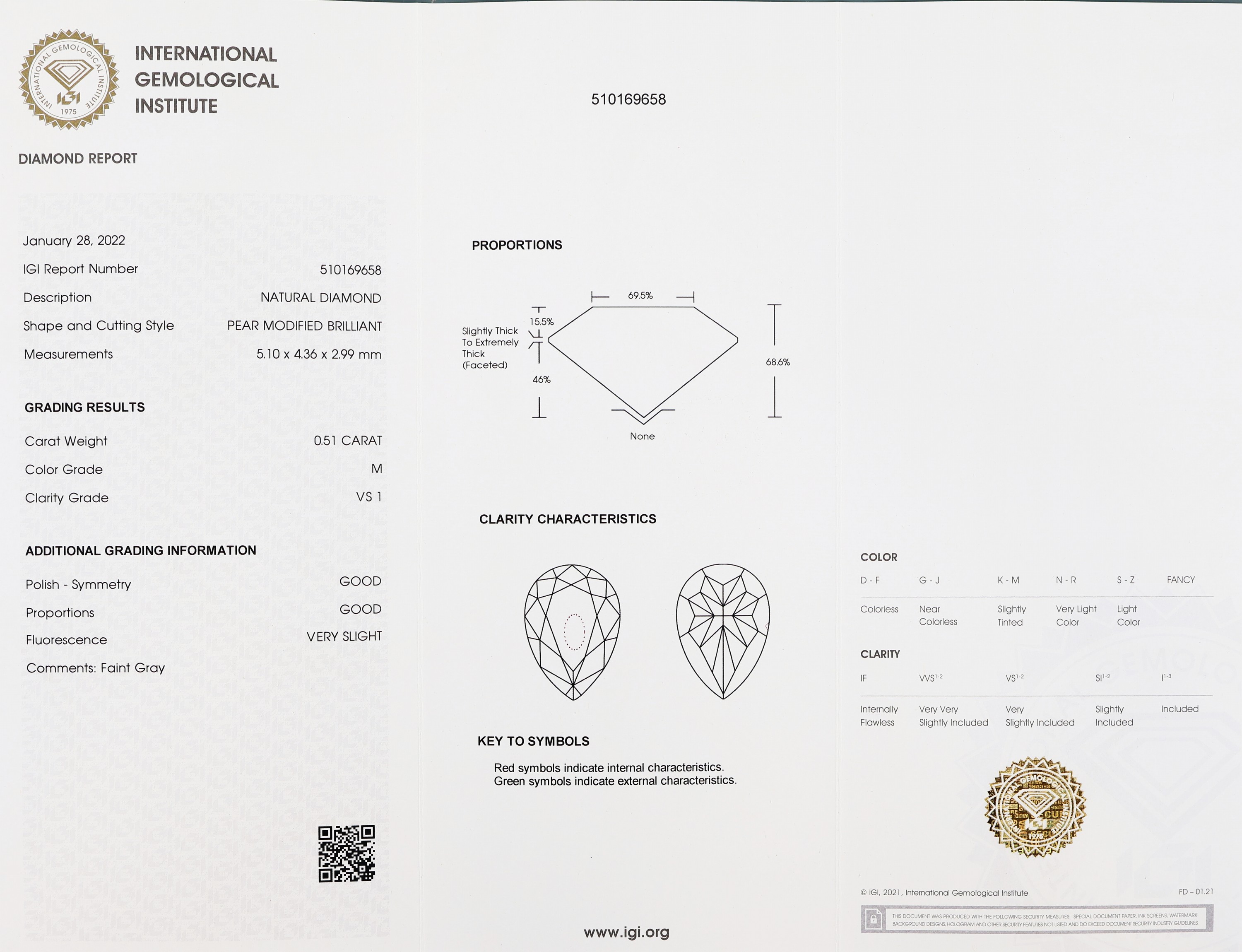 Detail a: Loser Diamant 0.51 ct Faint Grey(M)/vs1, Polish und Symmetry good, Fluorescence slight, verschweißt, IGI Zertifikat