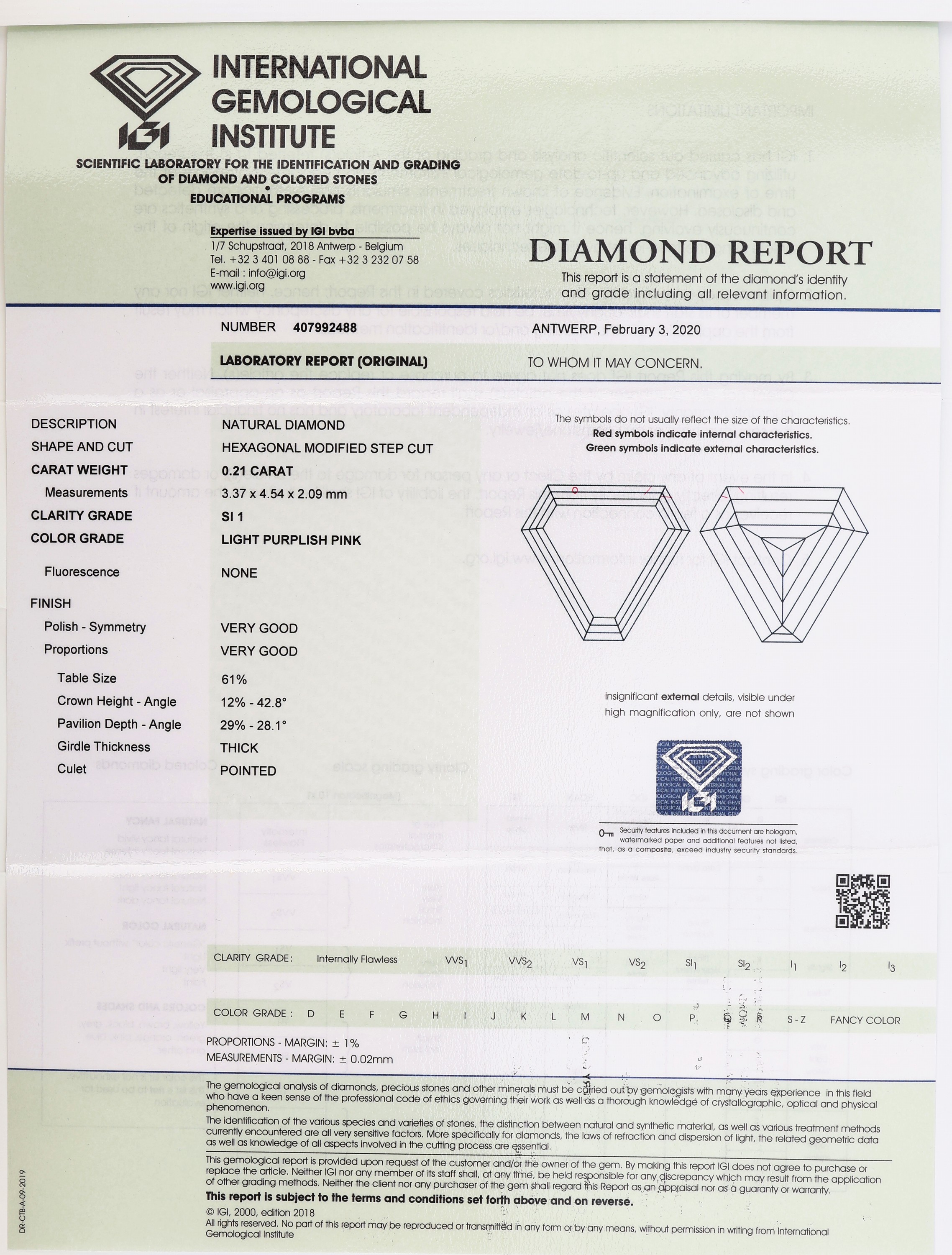 Detail a: Loser Diamant 0.21 ct light purplish pink/si1,hexagonal modified step cut, Polish und Symmetry good, Fluorescence none, verschweißt, IGI Zertifikat