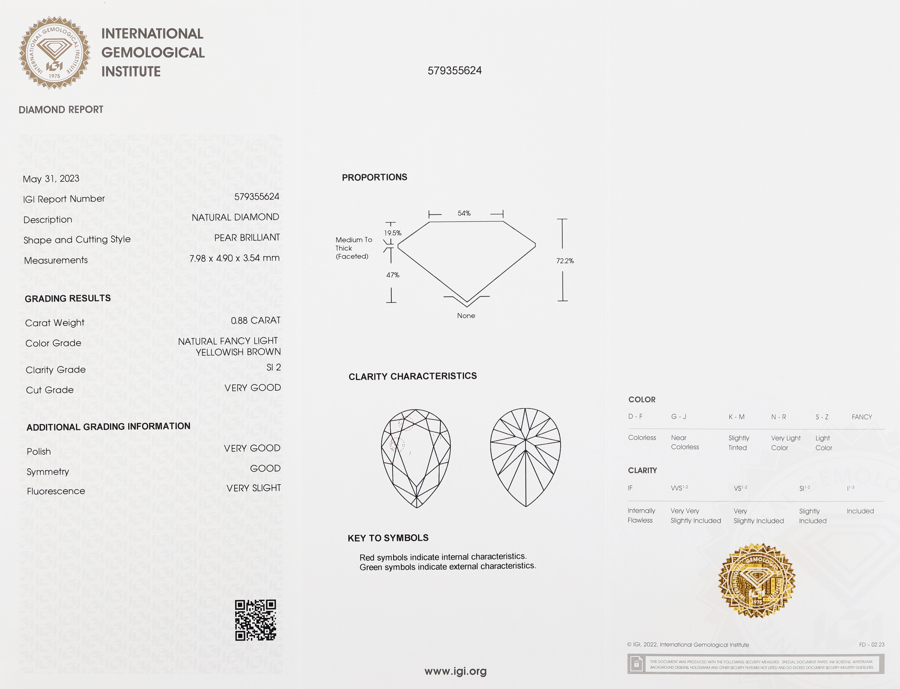 Detail a: Loser Diamant-Tropfen 0.88 ct natural fancy light yellowish brown/si2, verschweißt, Polish very good, Symmetry good, Fluorescence very slight, IGI ...