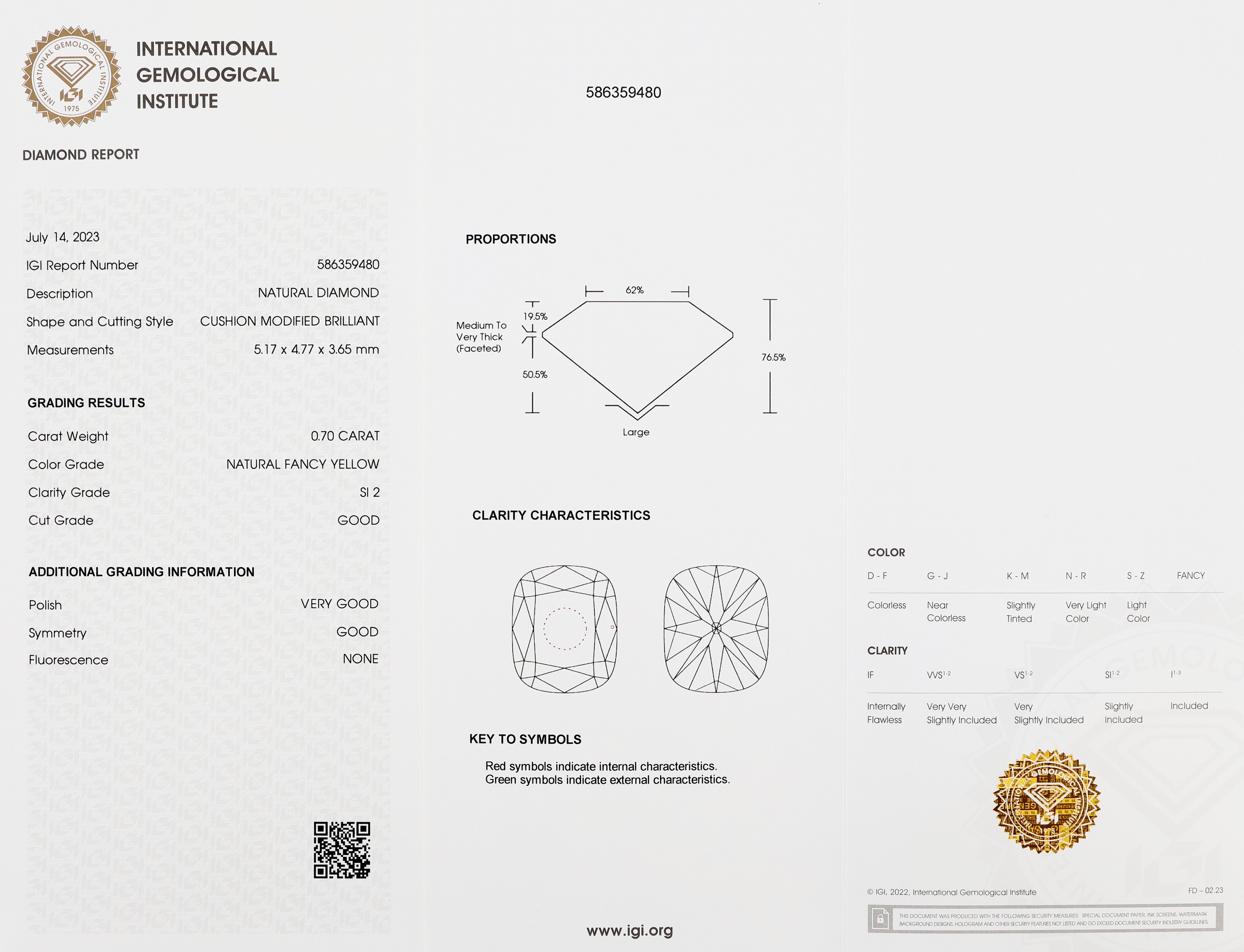 Detail a: Loser Diamant 0.70 ct Natural fancy yellow/si2, Cushion modified, verschweißt, Polish very good, Symmetry good, Fluorescence none, IGI Zertifikat