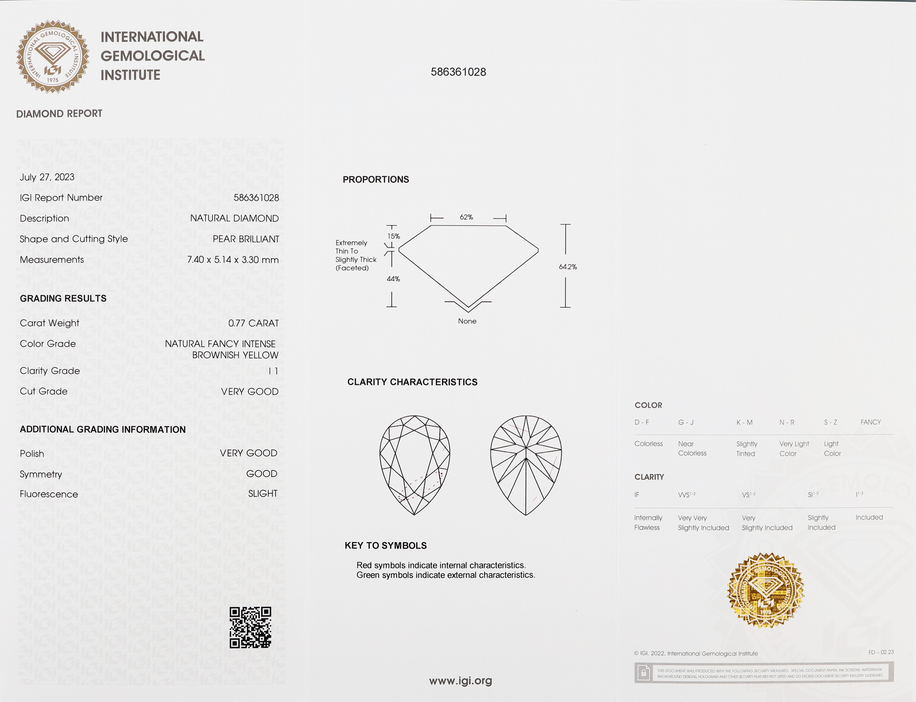 Detail a: Loser Diamant-Tropfen 0.77 ct natural fancy intense brownish yellow/p1, verschweißt, Polish very good, Symmetry good, Fluorescence slight, IGI ...