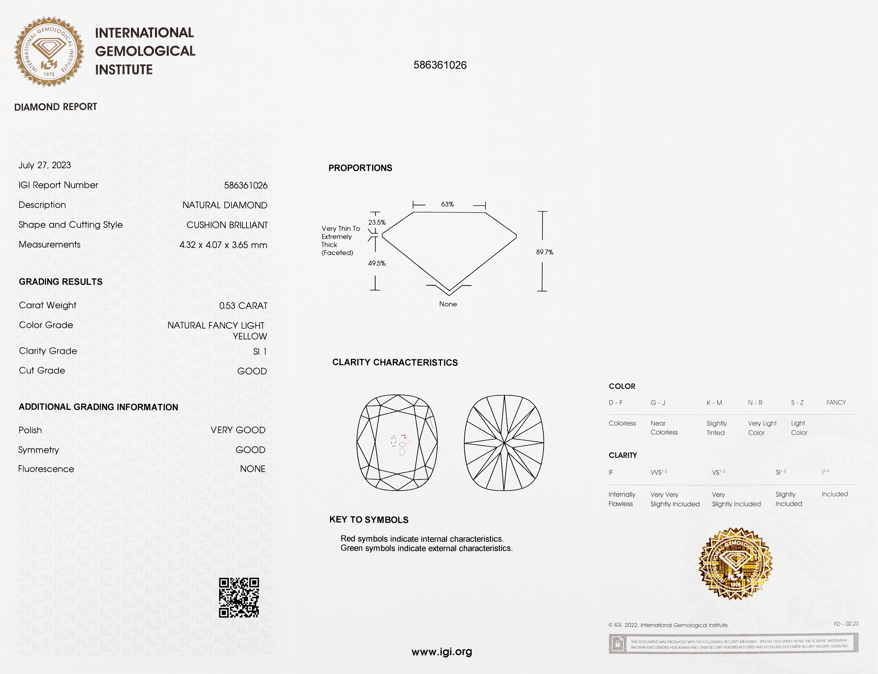Detail a: Loser Diamant 0.53 ct natural fancy light yellow/si 1, cushion cut, verschweißt, Polish very good, Symmetry good, Fluorescence none, IGI Zertifikat