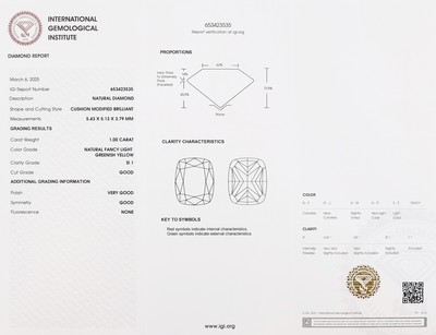 27003572a - Loser Diamant, 1.0 ct Natural Fancy Light Greenish Yellow/si1, Cushion Cut, ...