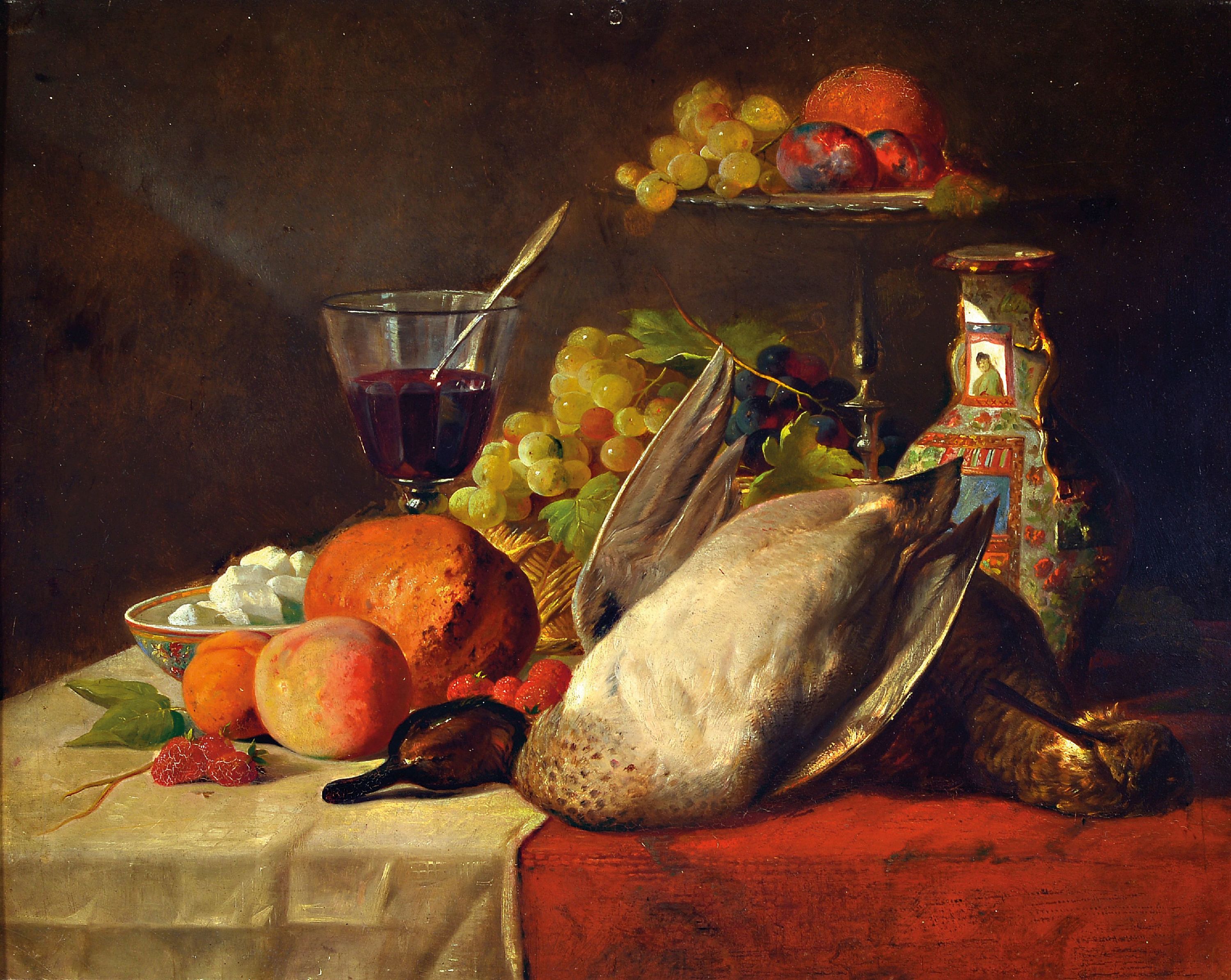 Image 27003891 - Unbekannter Künstler, um 1910-20, Stillleben mit chinesischer Vase, Obst, Brot und ...