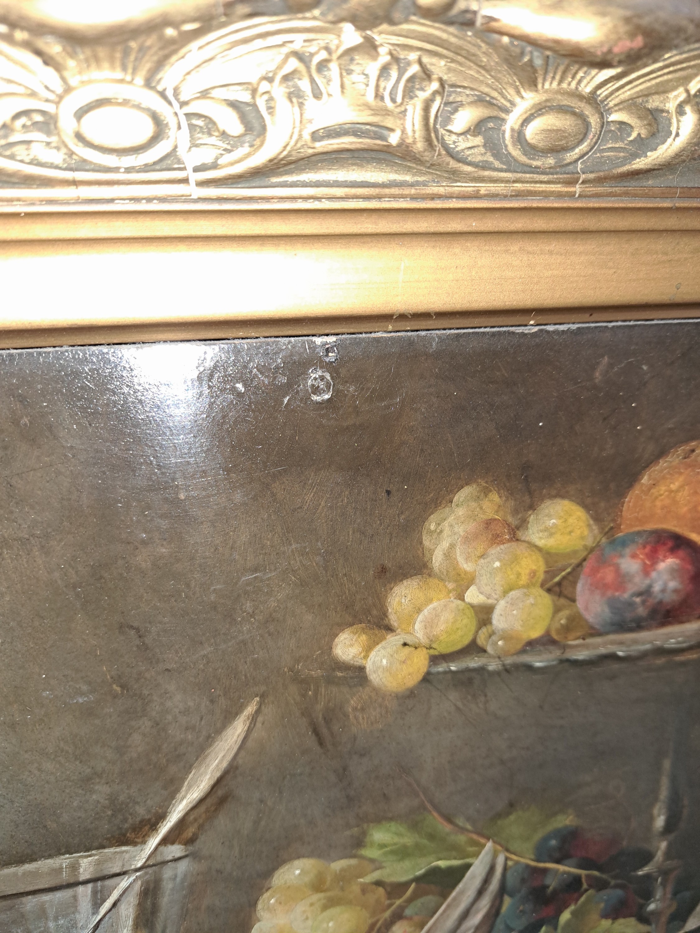 Detail d: Unbekannter Künstler, um 1910-20, Stillleben mit chinesischer Vase, Obst, Brot und Ente, Öl/Holz, unsign., ca. 45.5x55cm, R. ca. 56x67.5cm
