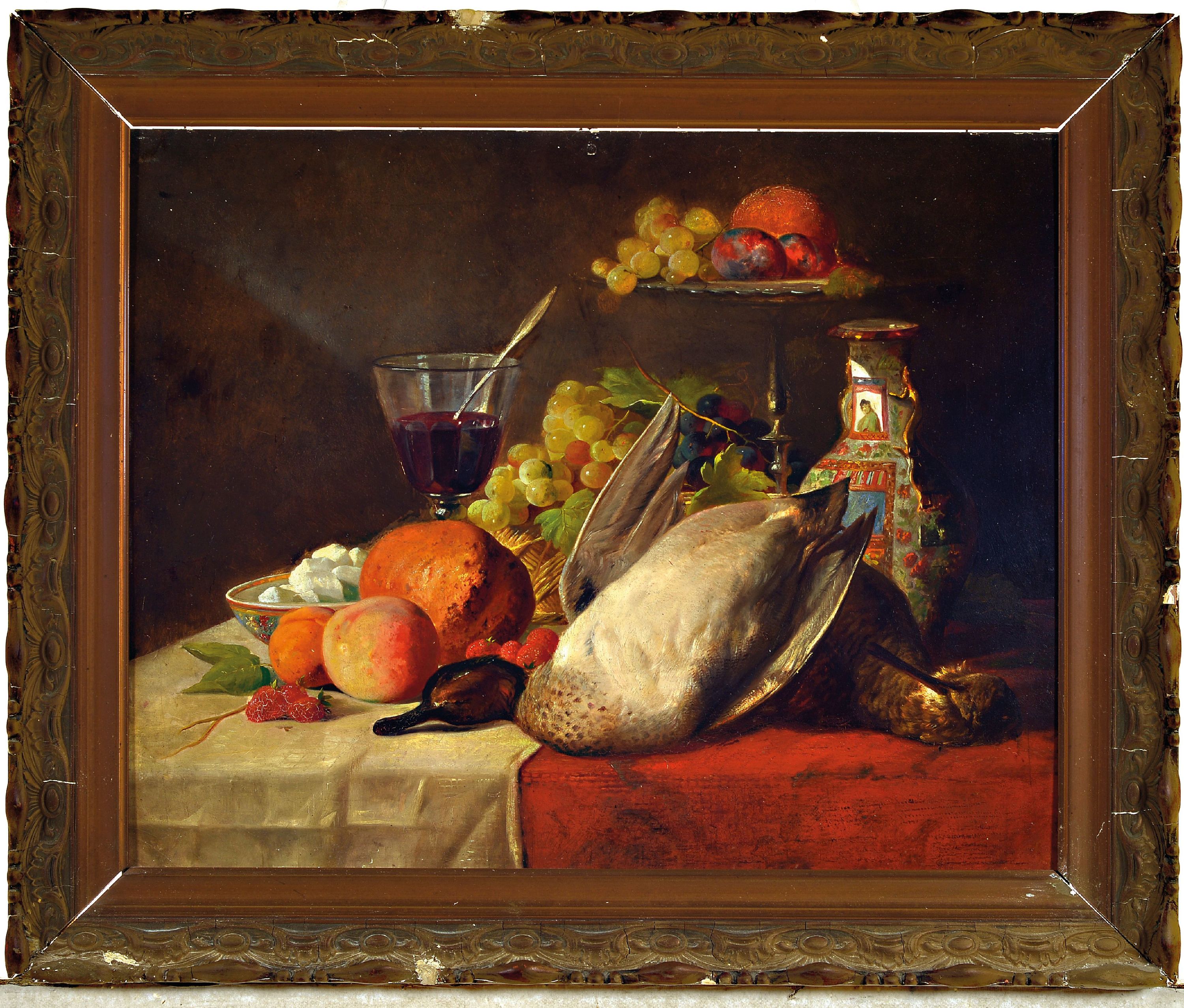 Detail k: Unbekannter Künstler, um 1910-20, Stillleben mit chinesischer Vase, Obst, Brot und Ente, Öl/Holz, unsign., ca. 45.5x55cm, R. ca. 56x67.5cm