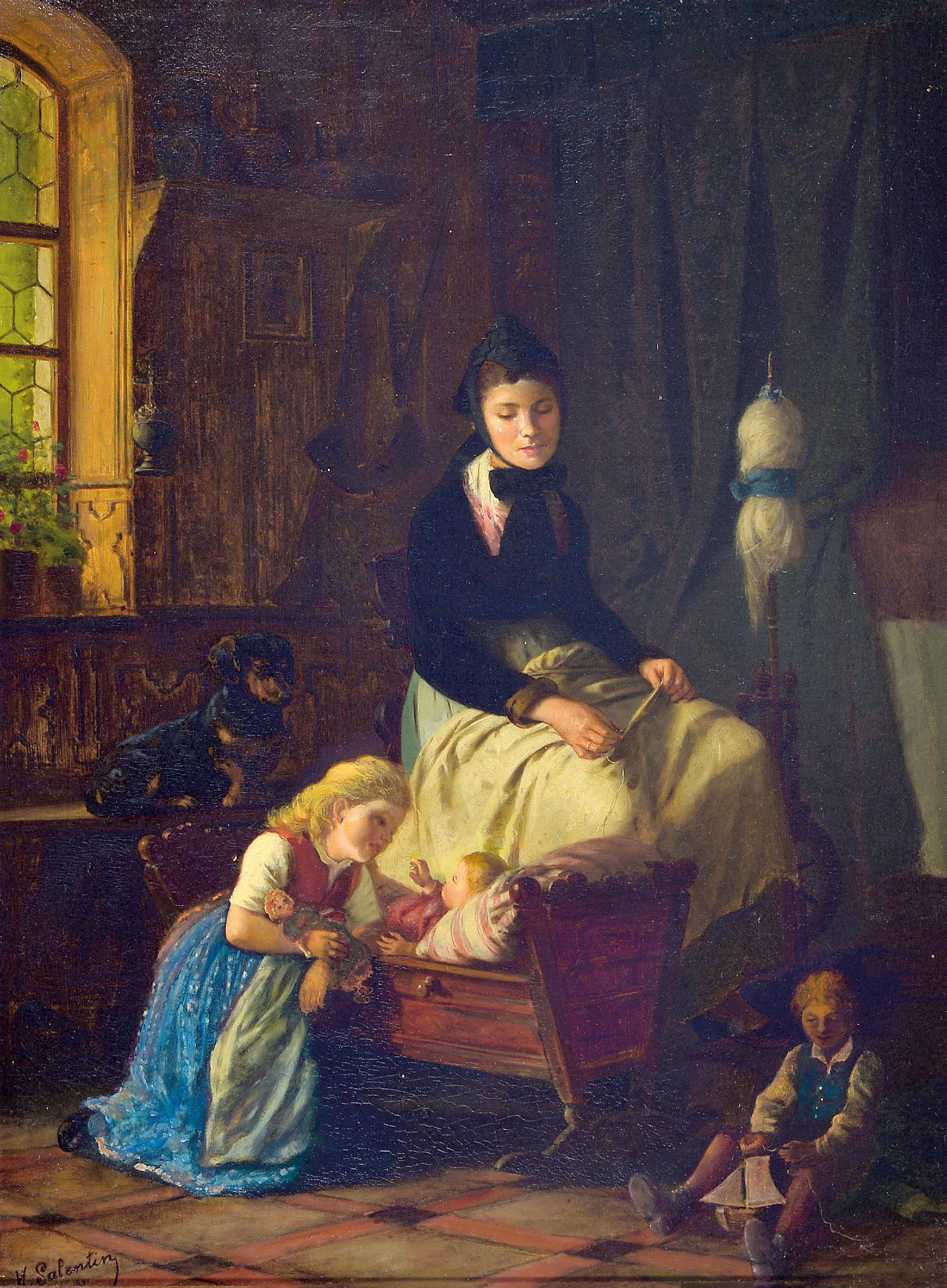 Image 27003894 - Hubert Salentin, 1822-1910, Interieur, Mutter am Spinnrad, zwei Kinder, ein Säugling, ...